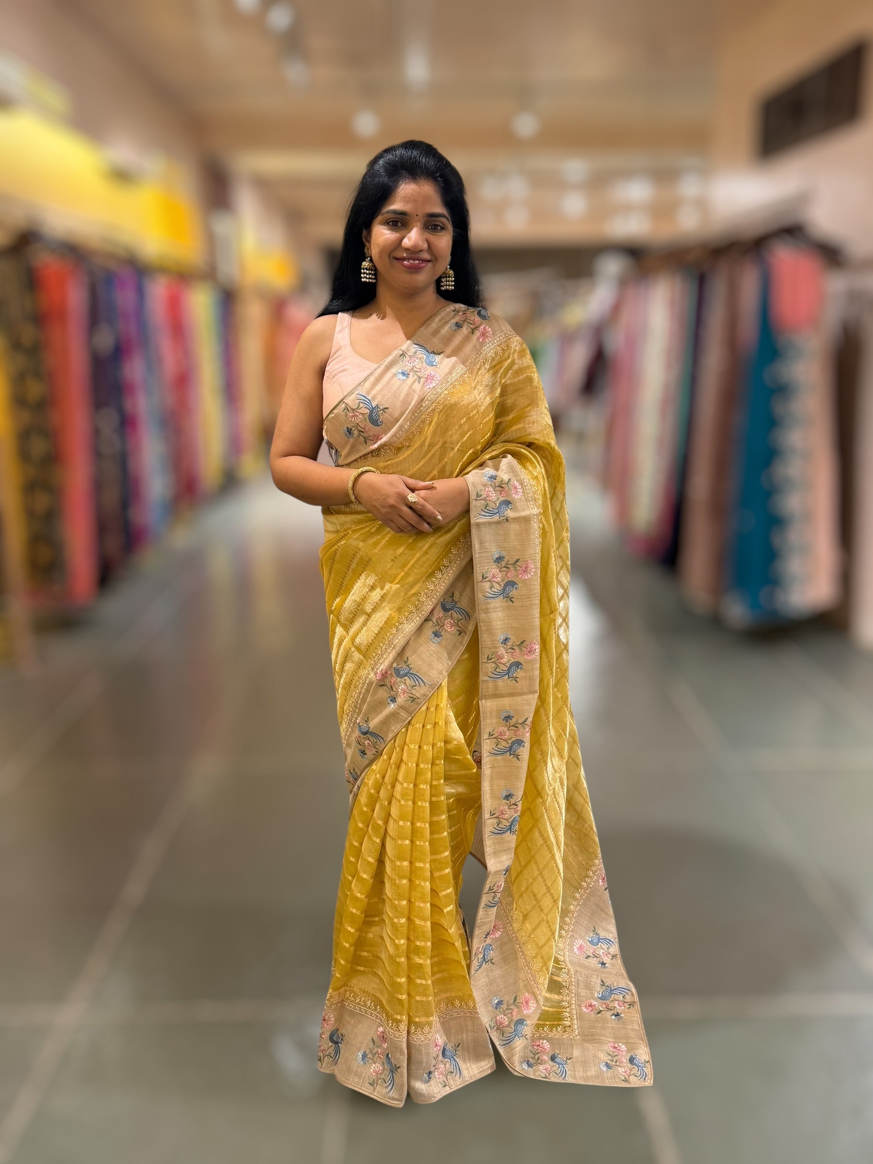 Yellow Pure Handloom Tissue Saree with pure Tussar embroidered border