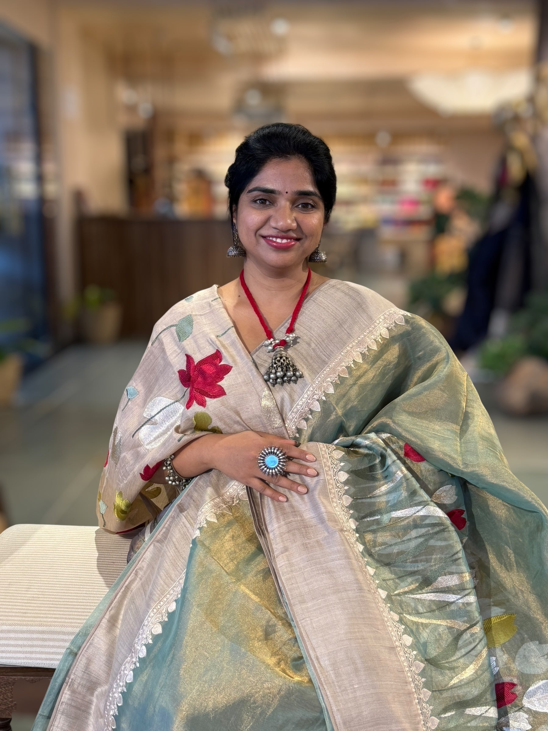 Sage Green Designer Handloom Tissue Saree With Tulip embroidery