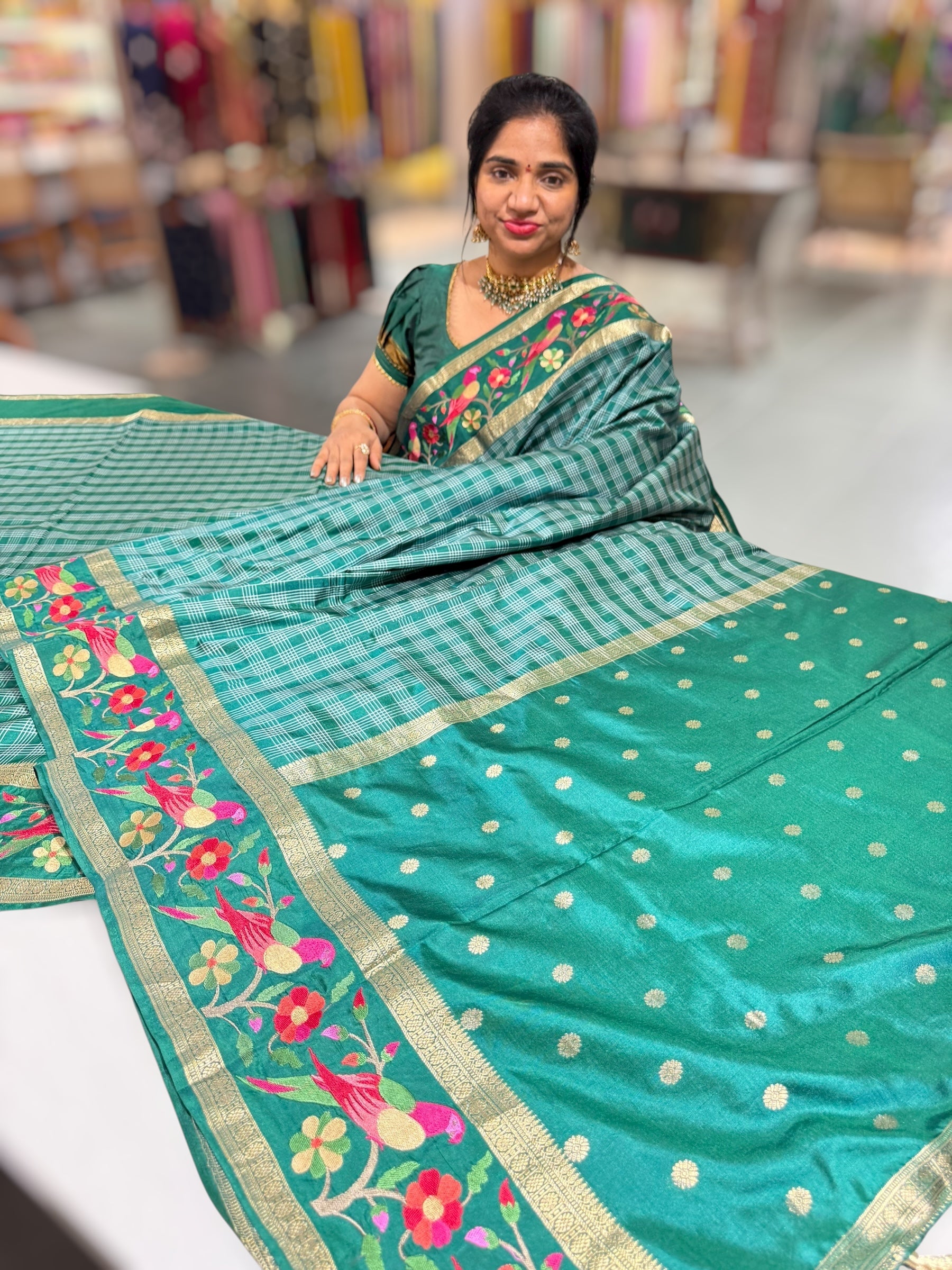 Bottle Green Kanchi Vintage Checks soft silk Saree with paithani inspired embroidered border