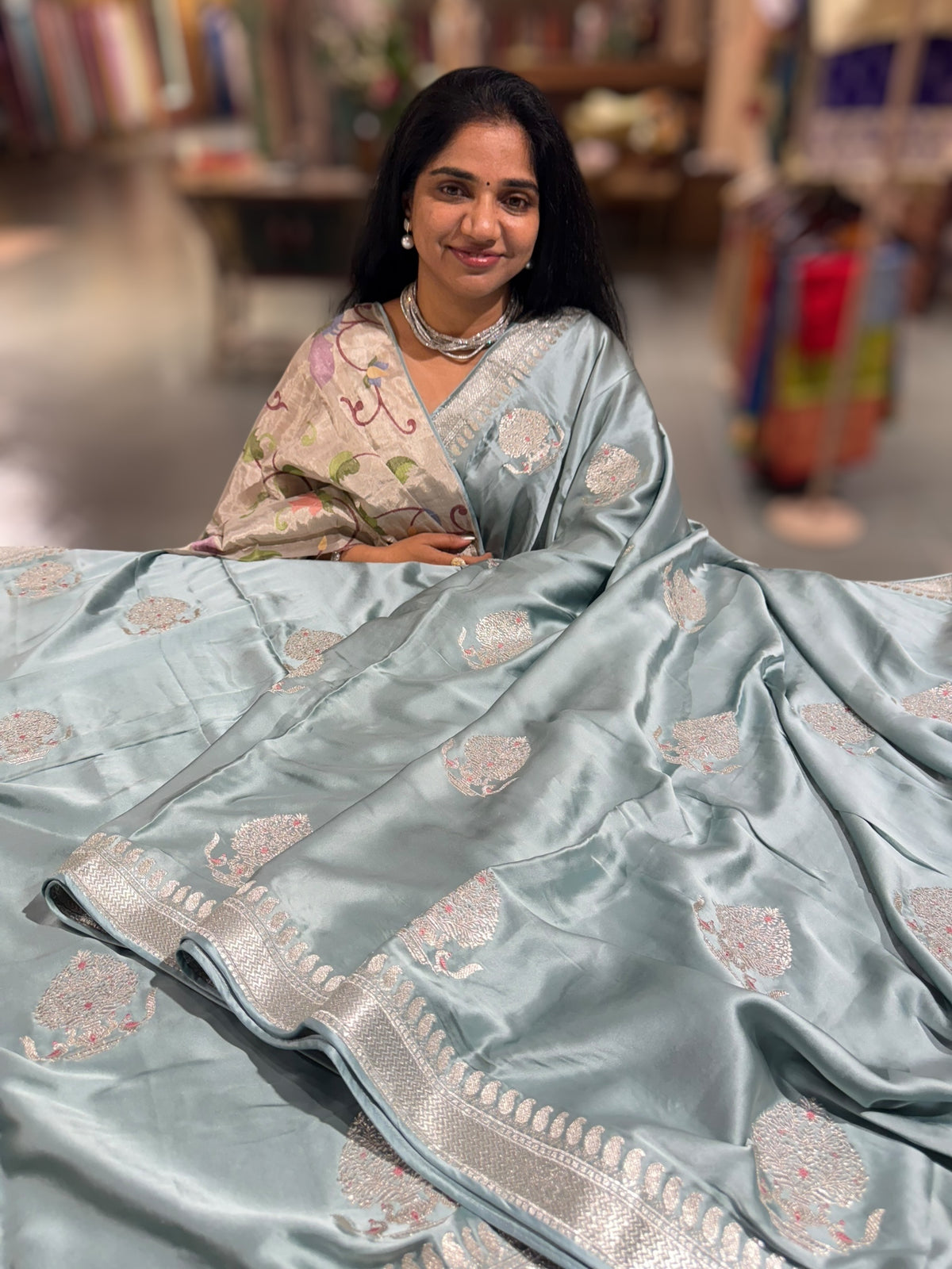 Powder Blue Pure Satin Saree with Embroidery.