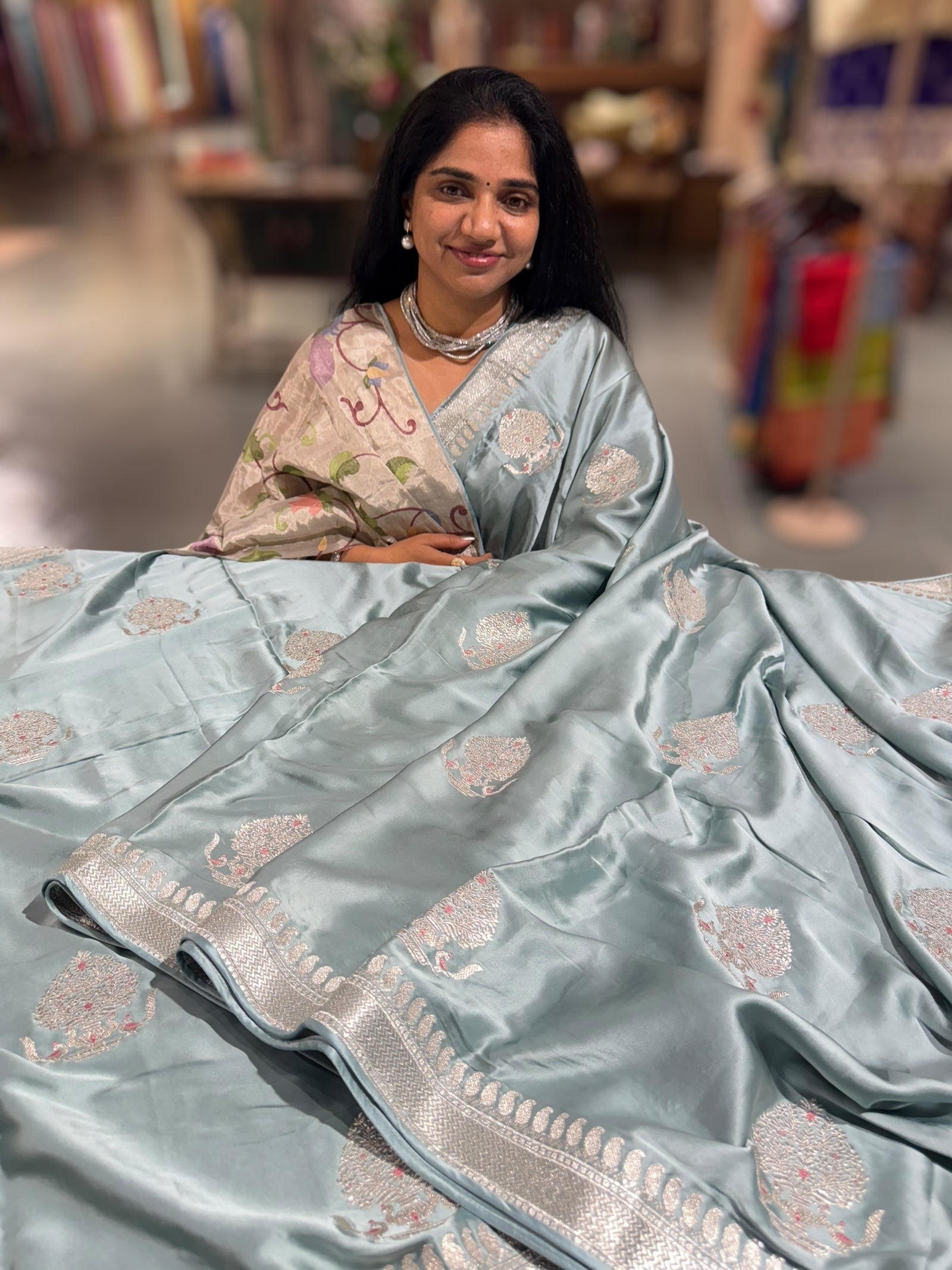 Powder Blue Pure Satin Saree with Embroidery.