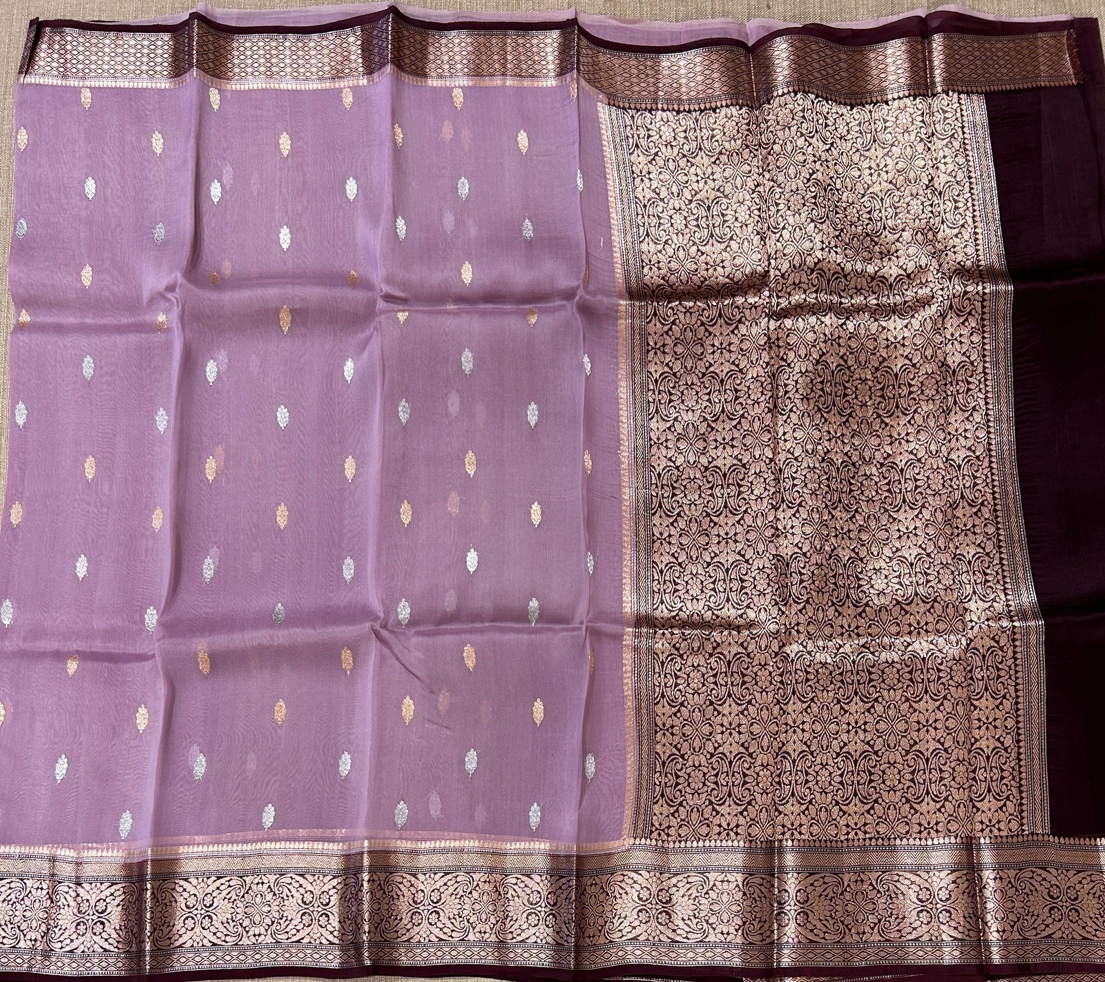 Mauve & Wine Combo Pure Handloom premium Kora Banarasi Saree