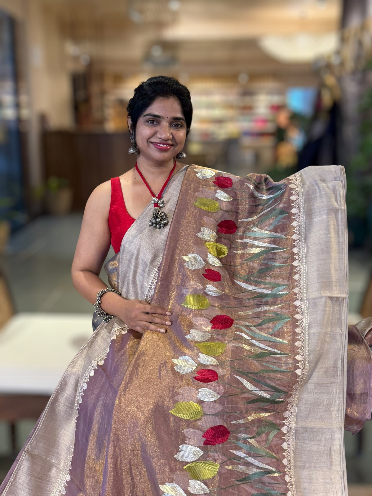 Lilac Designer Handloom Tissue Saree With Tulip embroidery