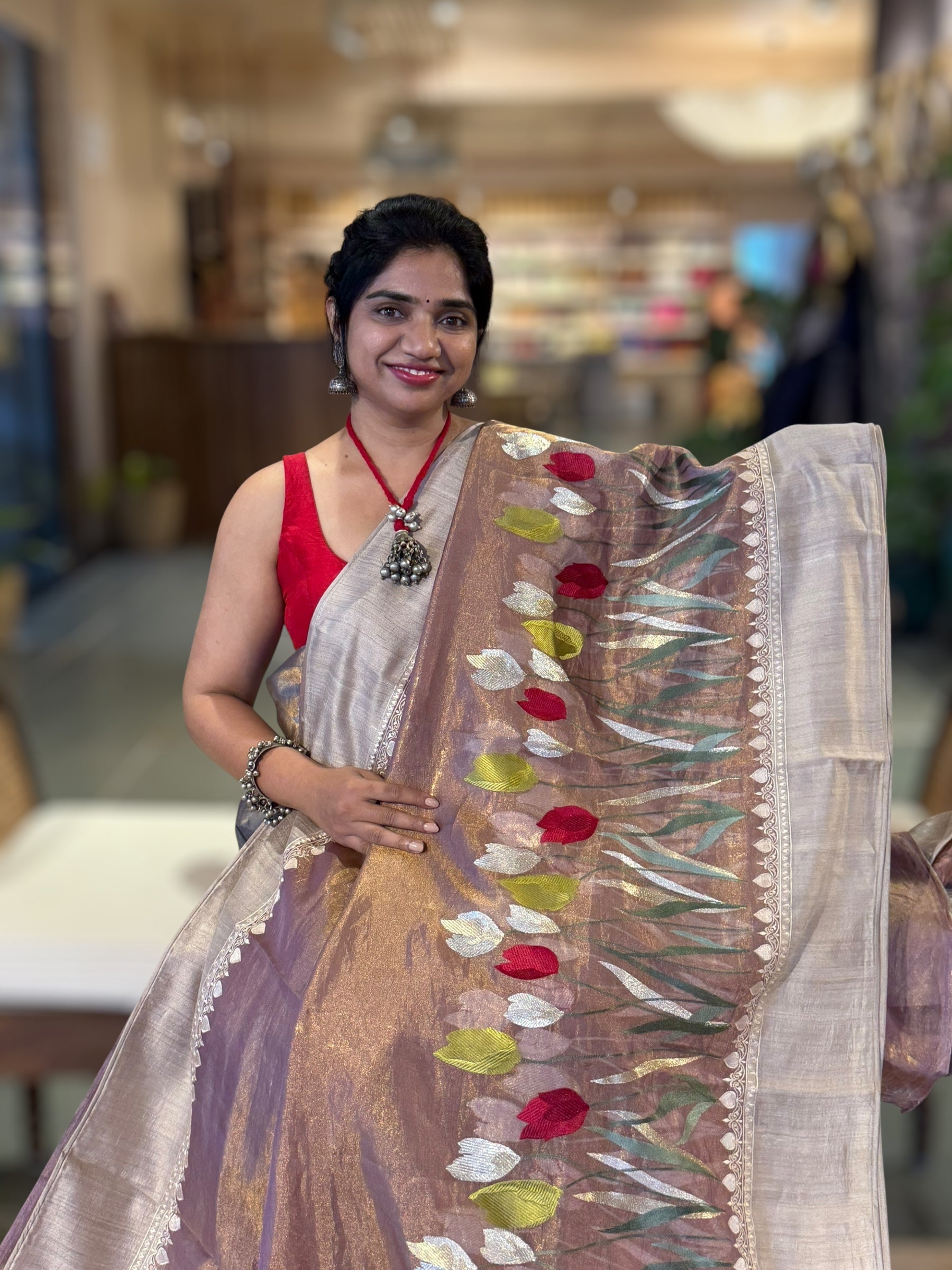 Lilac Designer Handloom Tissue Saree With Tulip embroidery