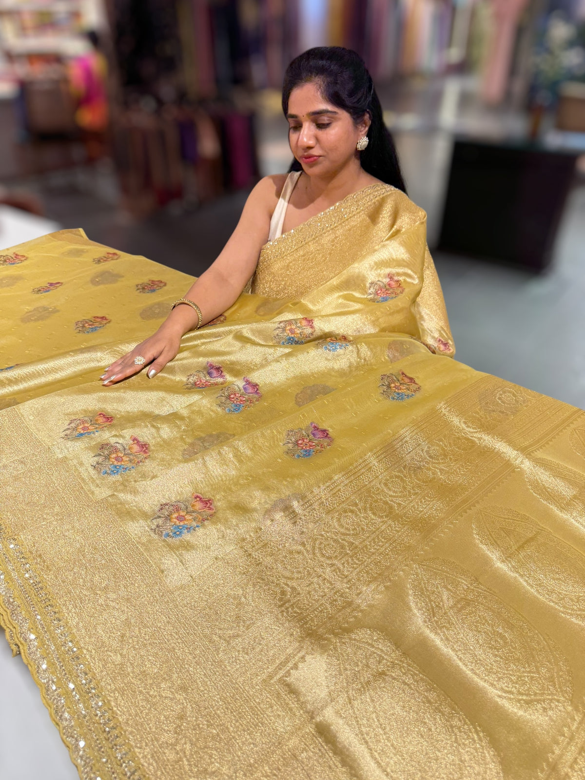 Pastel yellow banarasi tissue saree