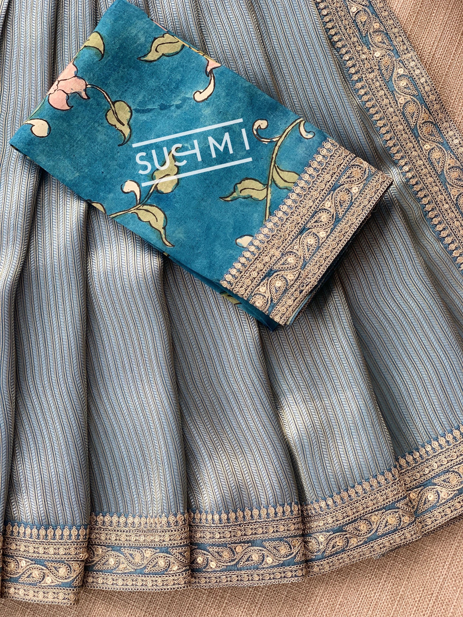 Dusty Blue  Banarasi tonchoi with pen kalamkari Blouse : D62F026