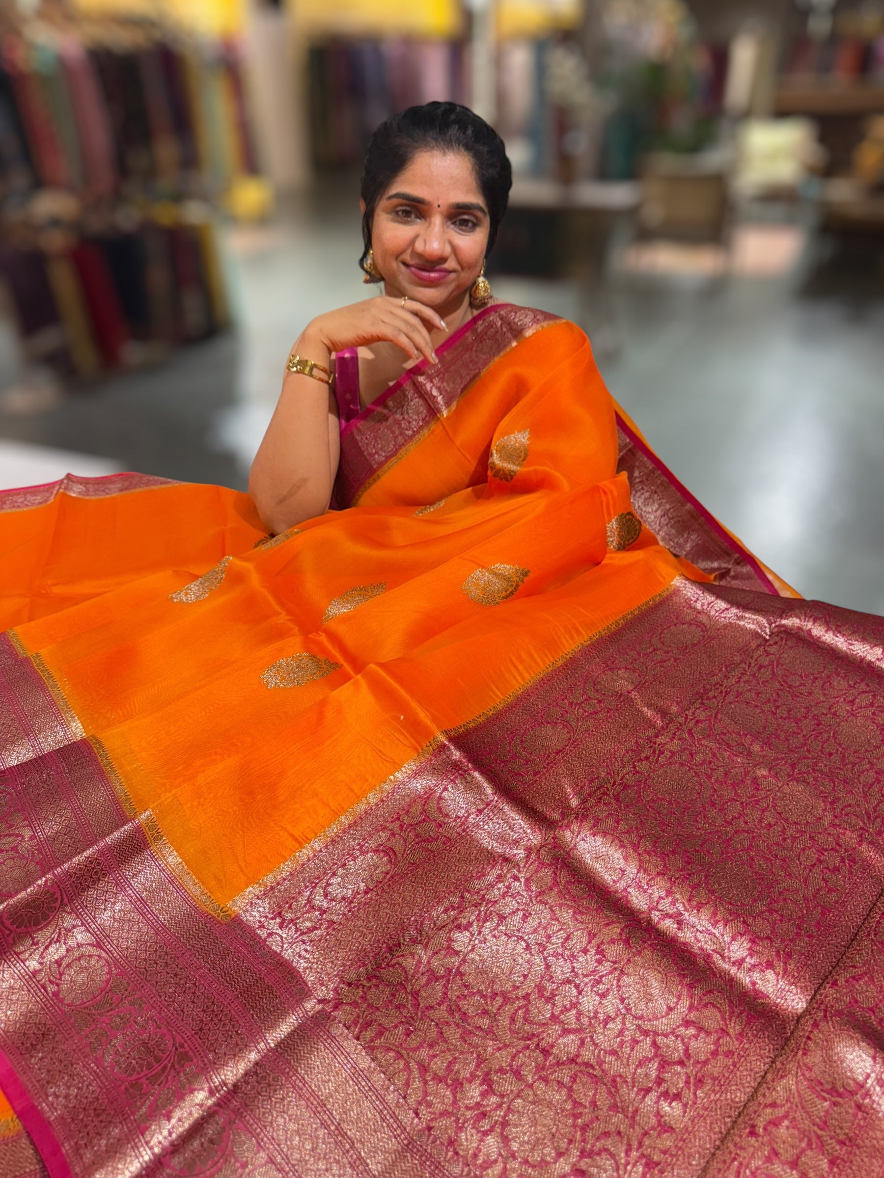 Orange & Ruby Pink Pure Handloom Kora Banarasi Saree