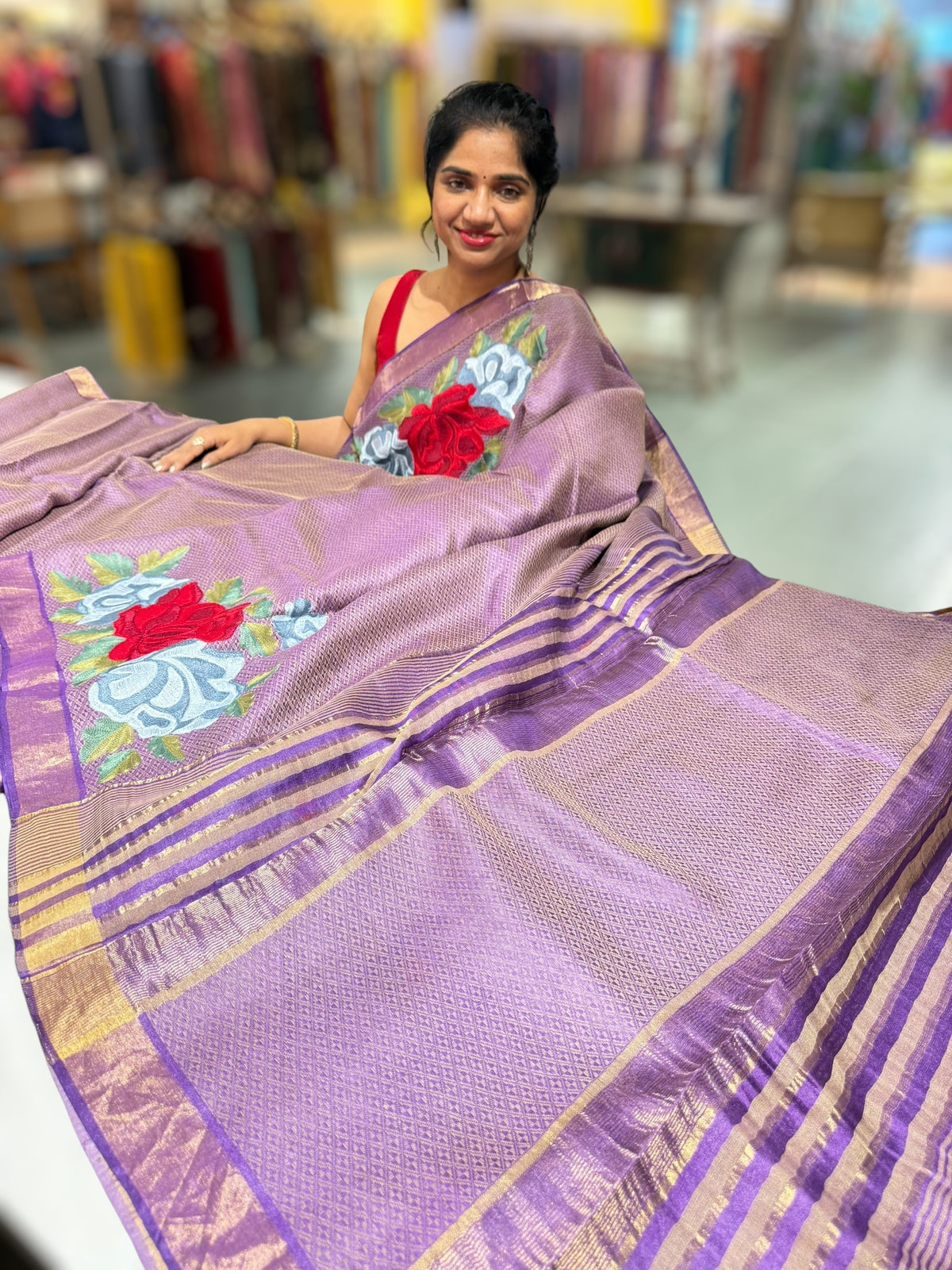 Brinjal Tussar Brocade Saree With Statement Red Rose Embroidery.