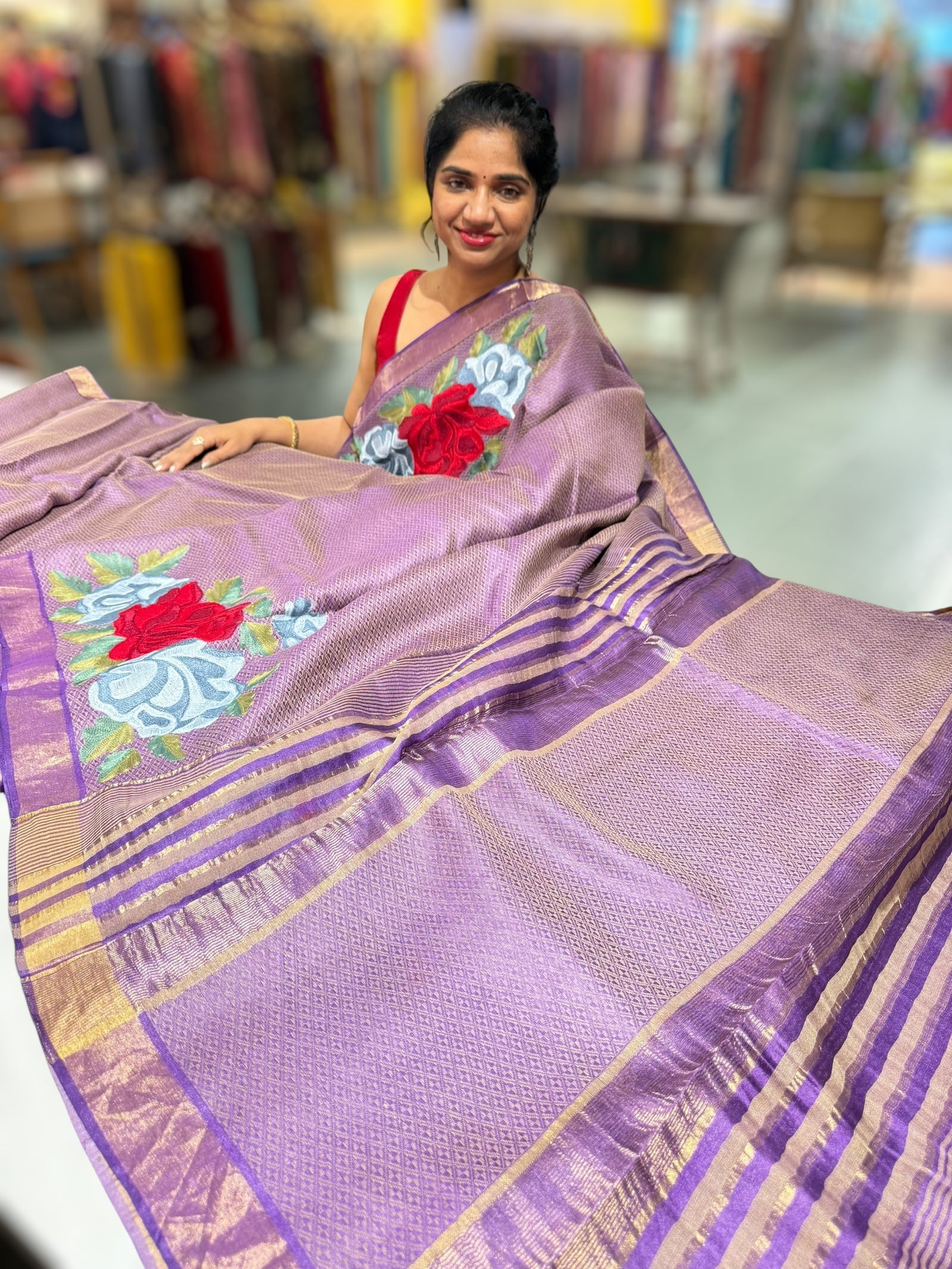 Brinjal Tussar Brocade Saree With Statement Red Rose Embroidery.
