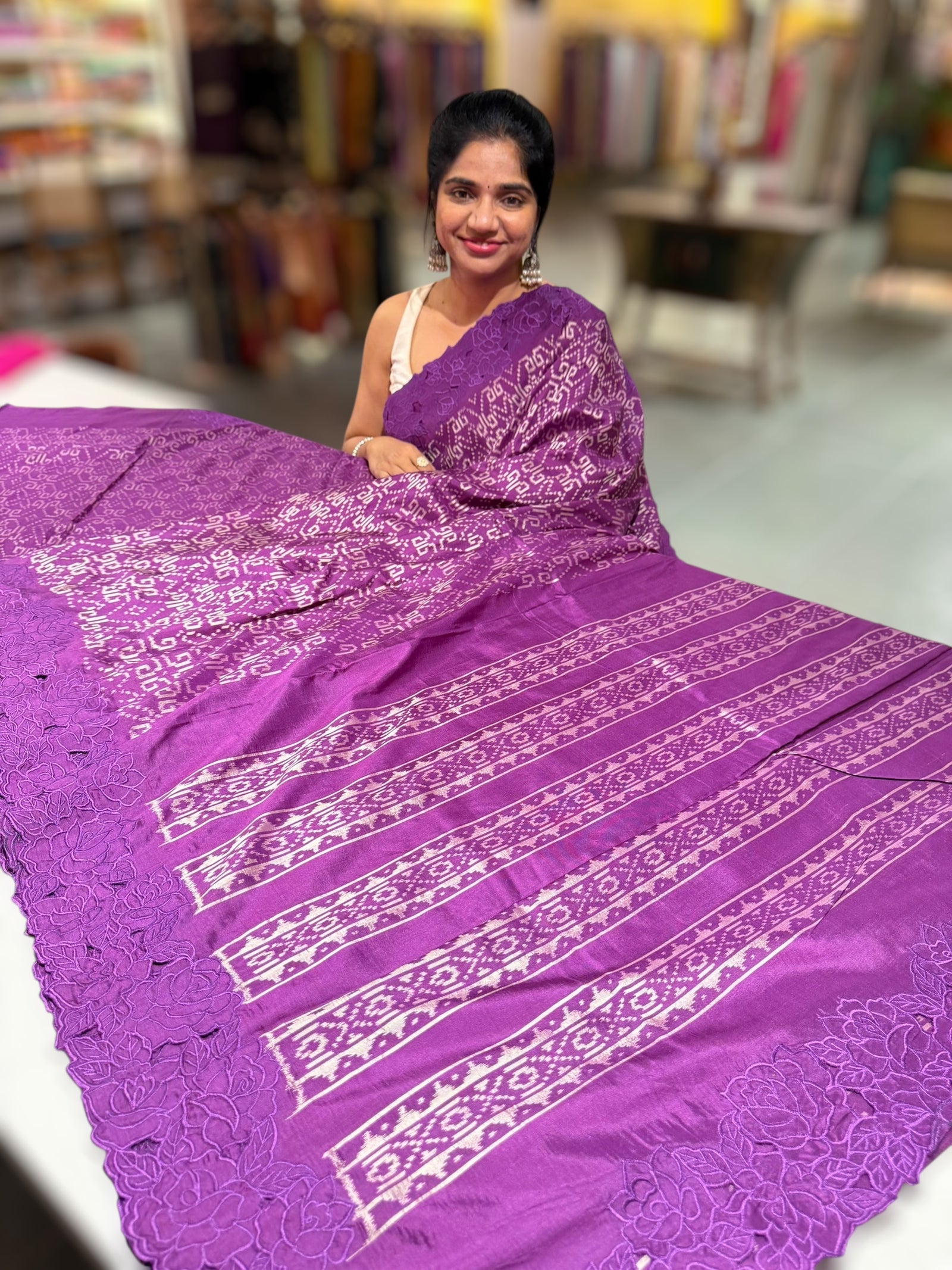 Brinjal Cambodian–inspired Ikkat Silk Saree with cutwork Rose Border