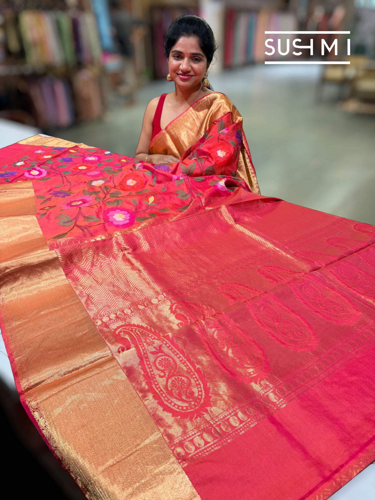 Orangish Pink Kanchi Soft Silk Saree with embroidery : S62F179