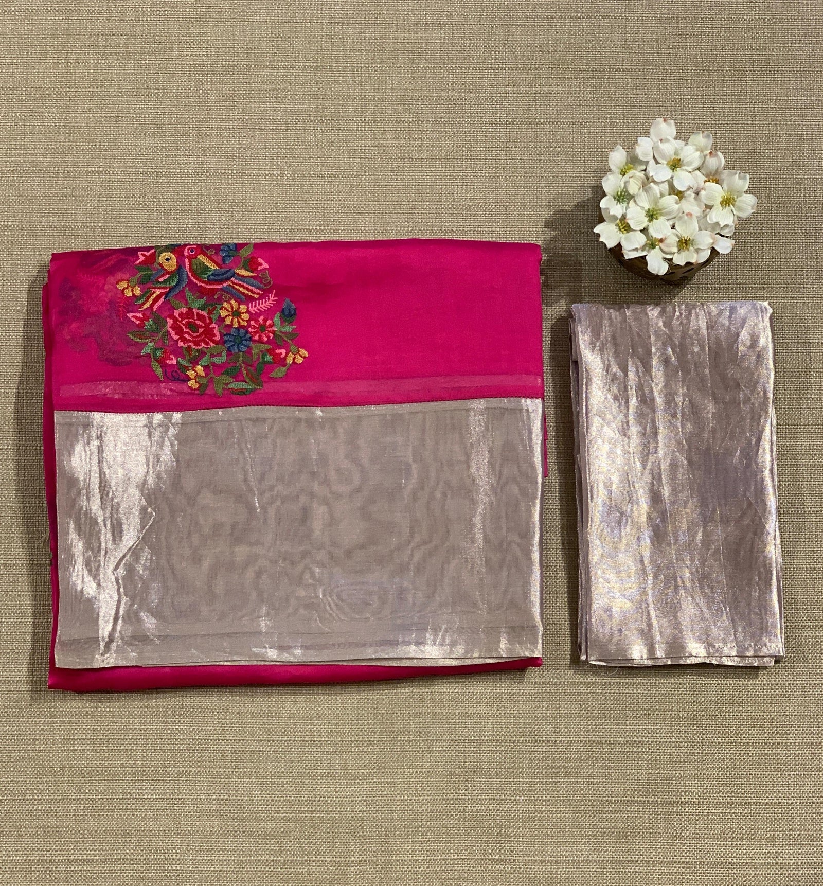 Rani Pink Organza Saree with pure Tissue Border
