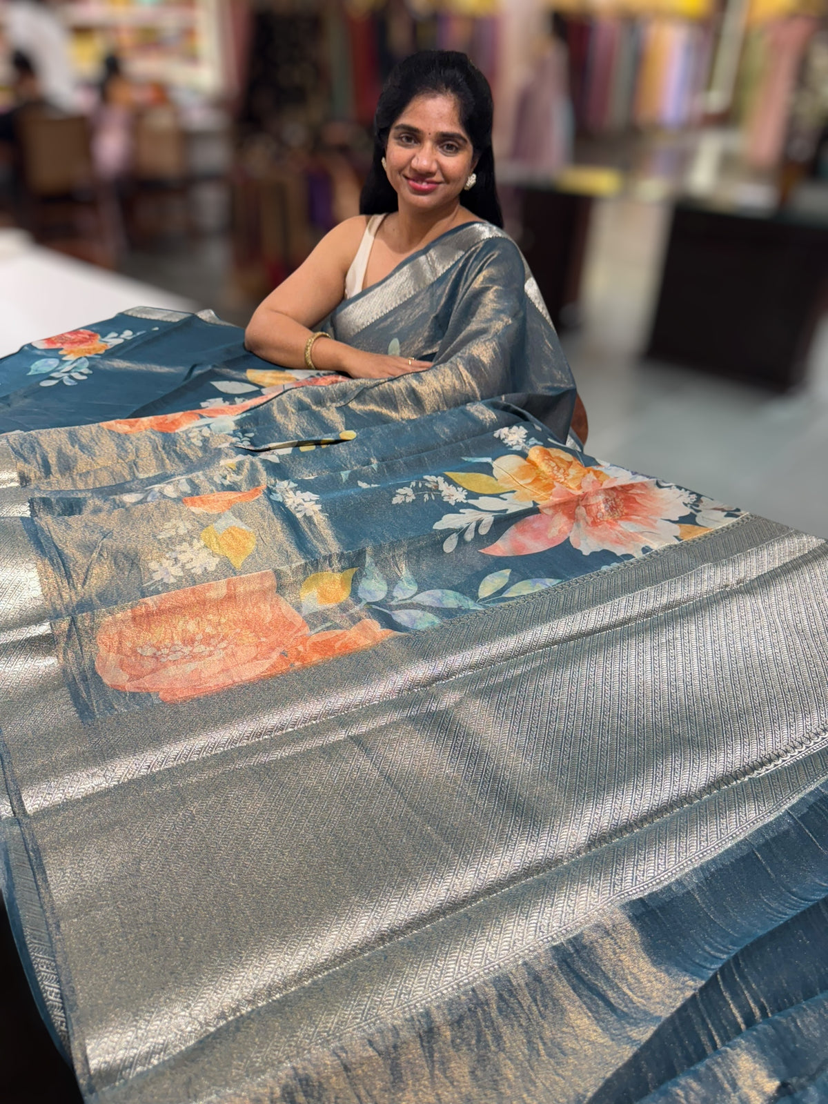 Peacock Blue Printed Banarasi Cotton Tissue