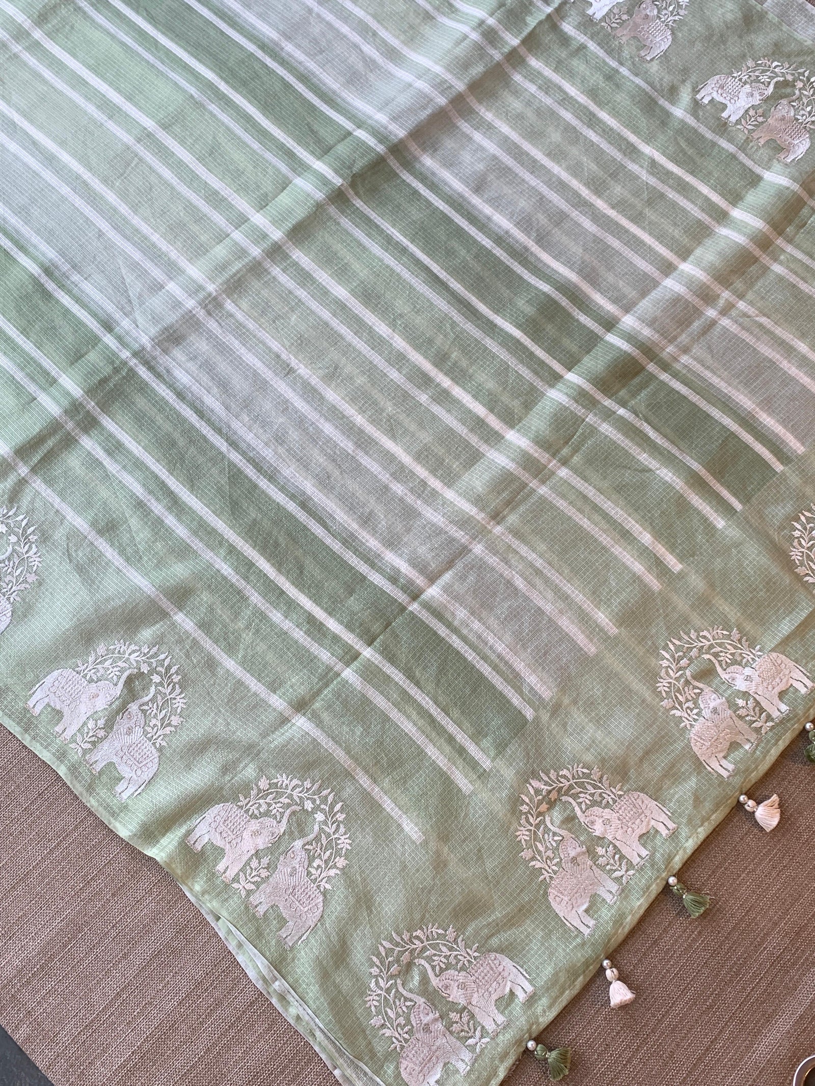 Dusty Green Designer Silk kota saree with elephant embroidered border