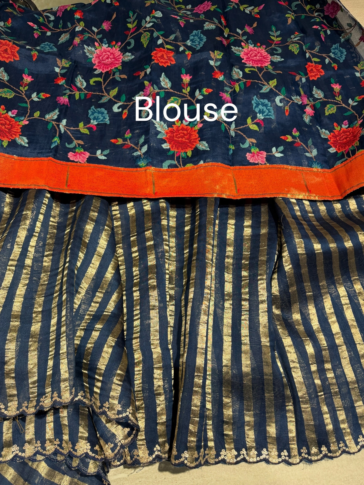 Midnight blue Mul tissue stripes saree with fusion blouse : D62134