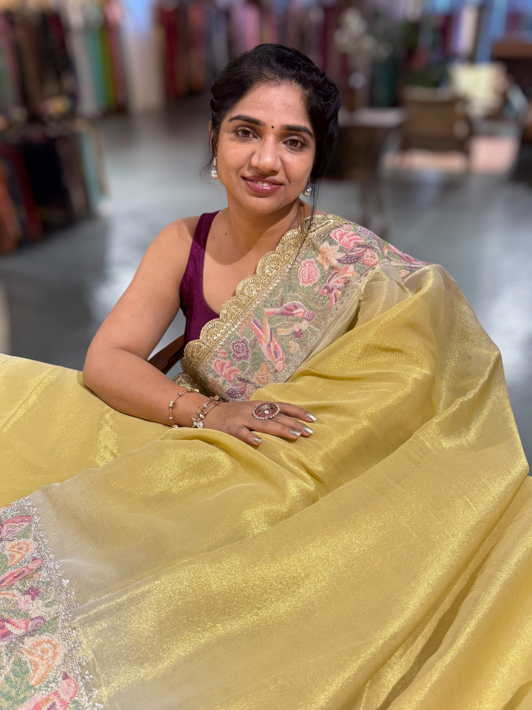 Golden Yellow Tissue Gorgette Saree With Petite Point Embroidered Border