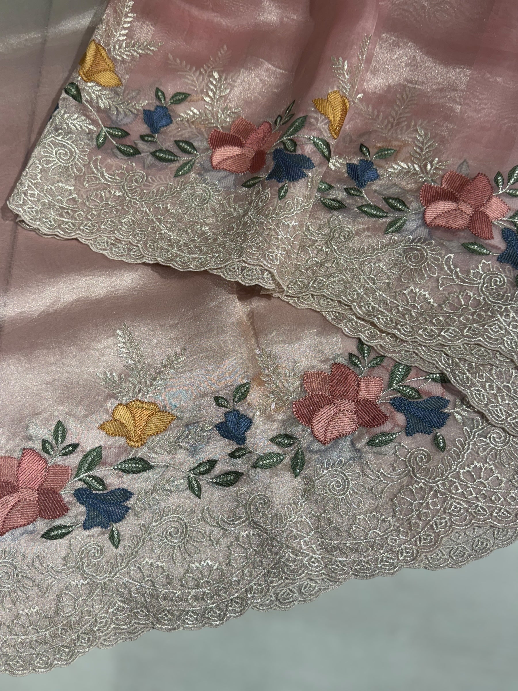 Pastel Pink & Silver Ombre dyed Tissue Saree with Cutwork embroidered Borders