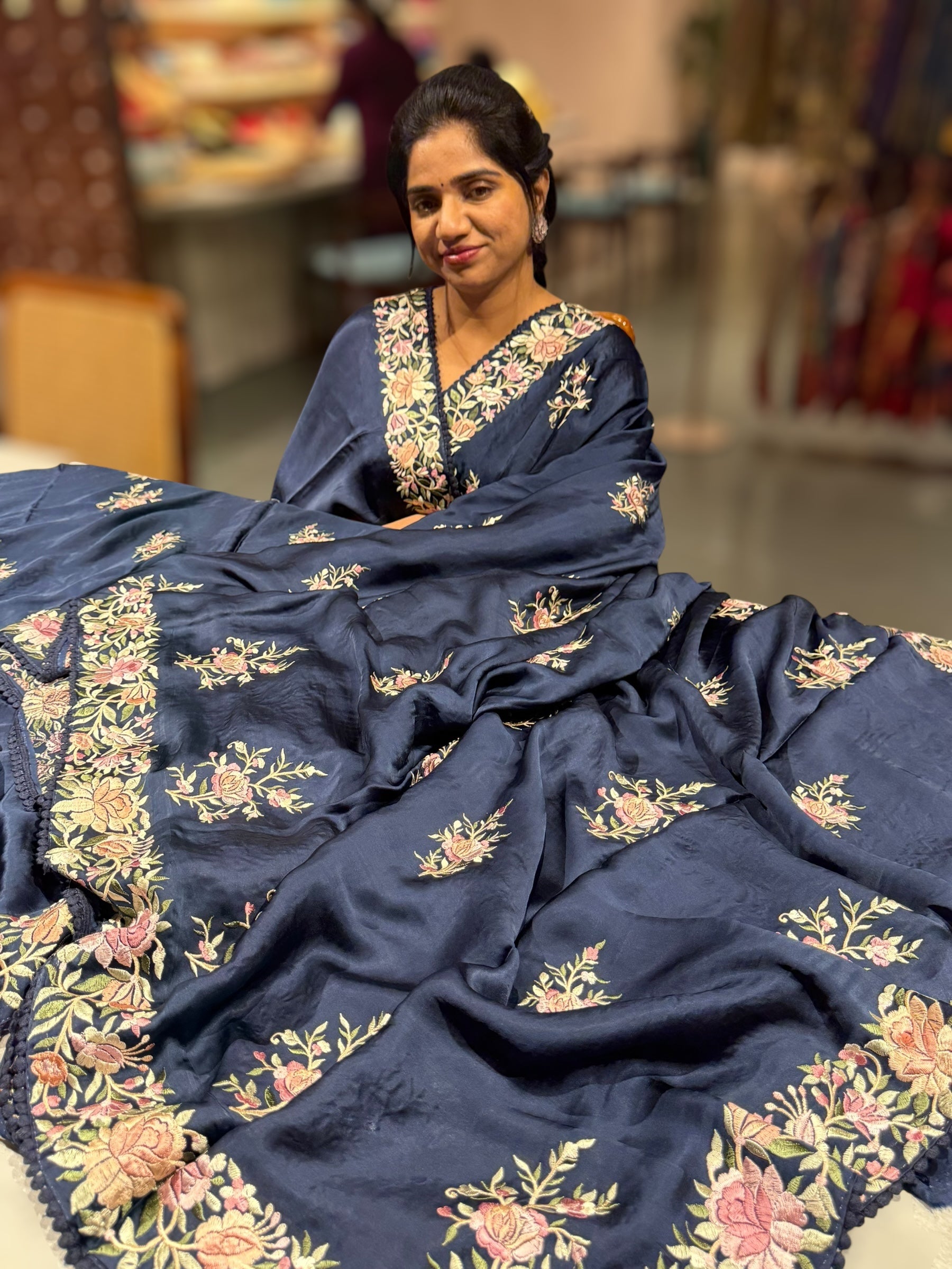 Midnight Blue Satin Saree with Parsi Gara embroidery