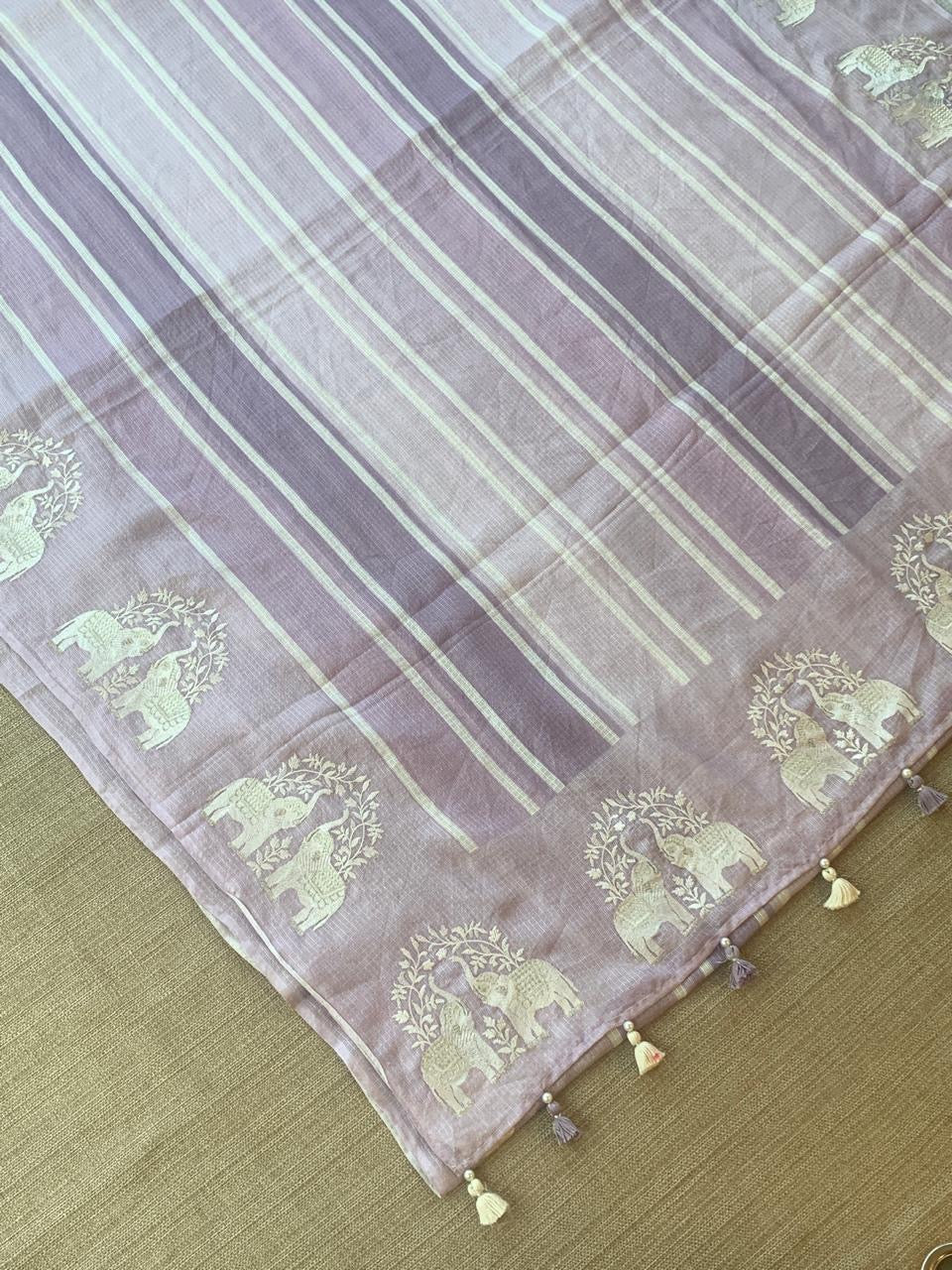 Lilac Designer Silk kota saree with elephant embroidered border