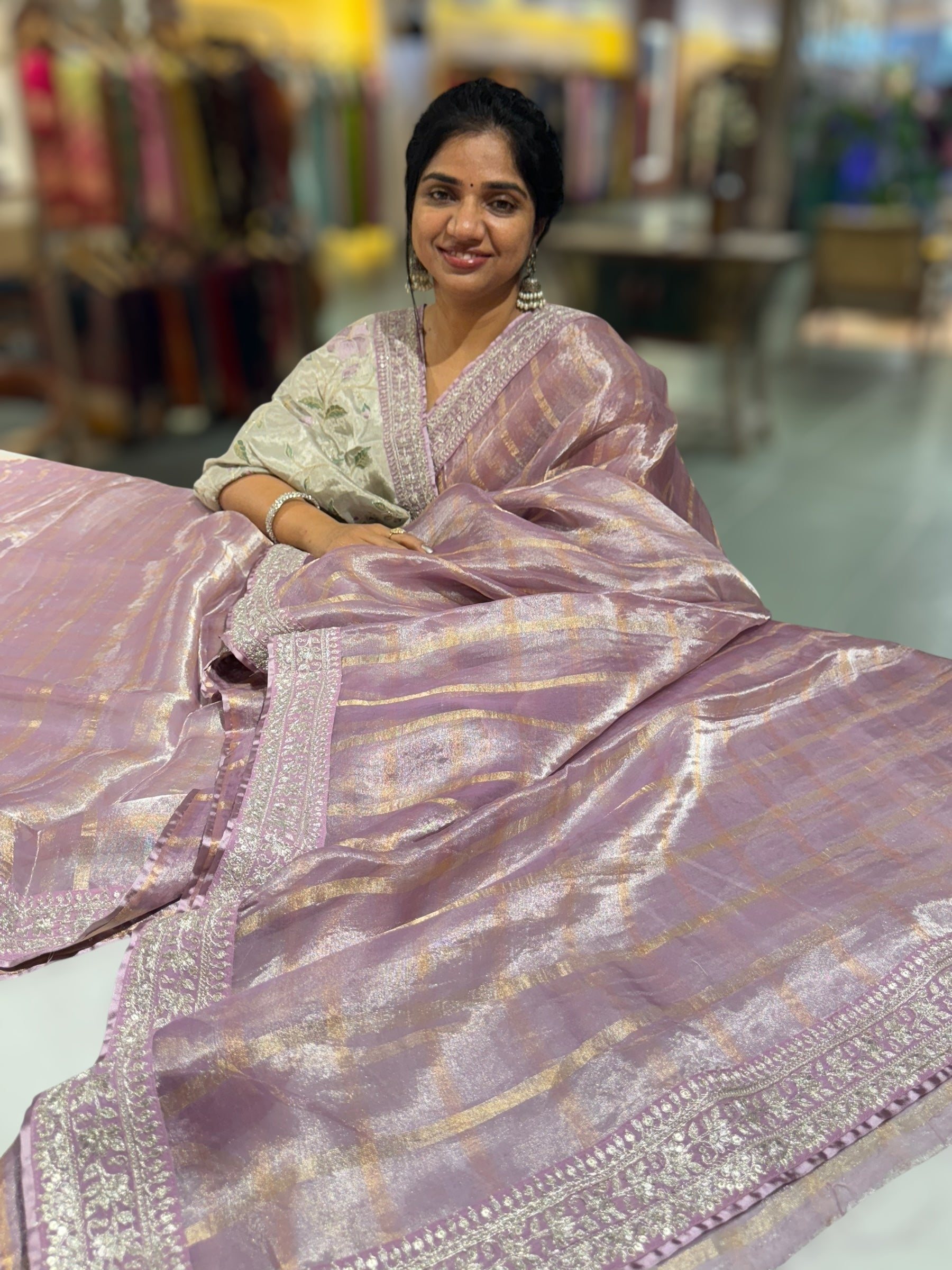 Lilac Banarasi Tissue checks Saree with Sabyasachi Borders