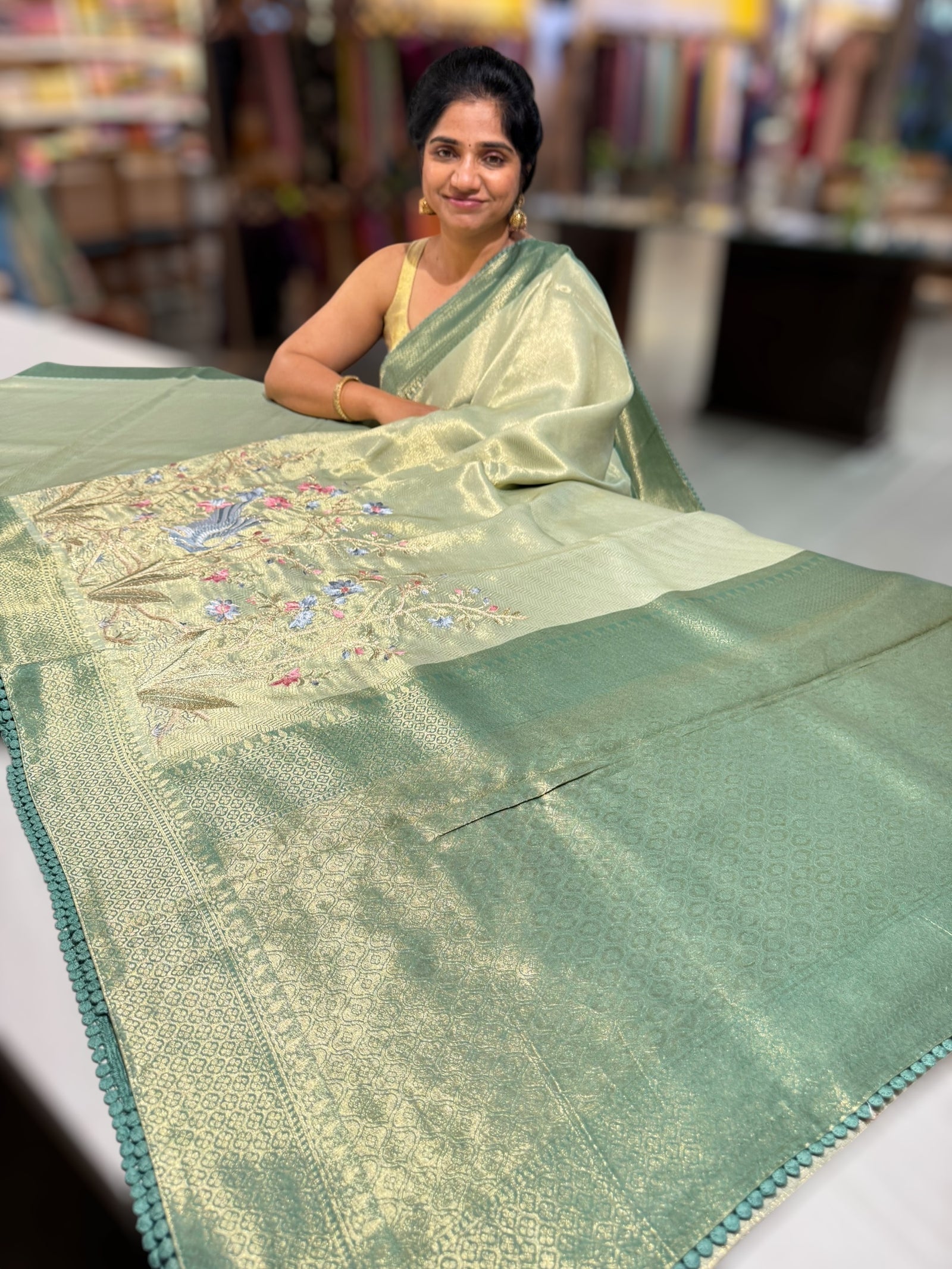 Sage Green Banarasi Tissue with embroidered border