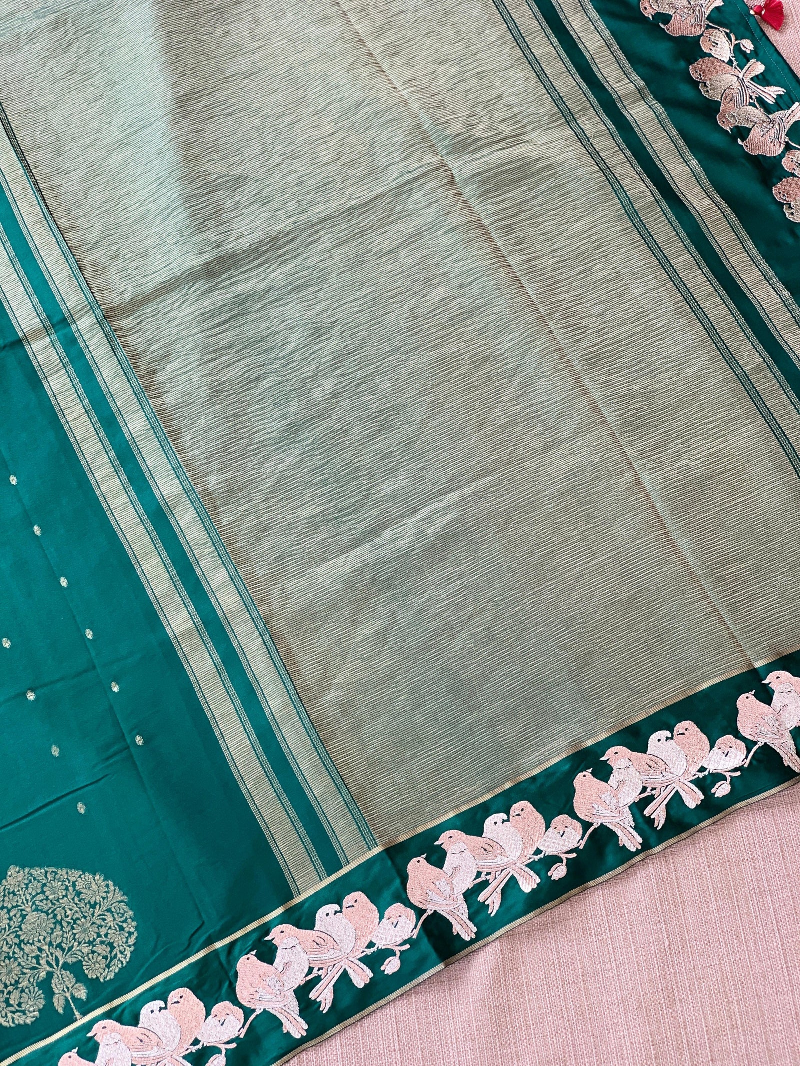 Bottle Green Mysore silk saree with woven motif and embroidered border : D62130