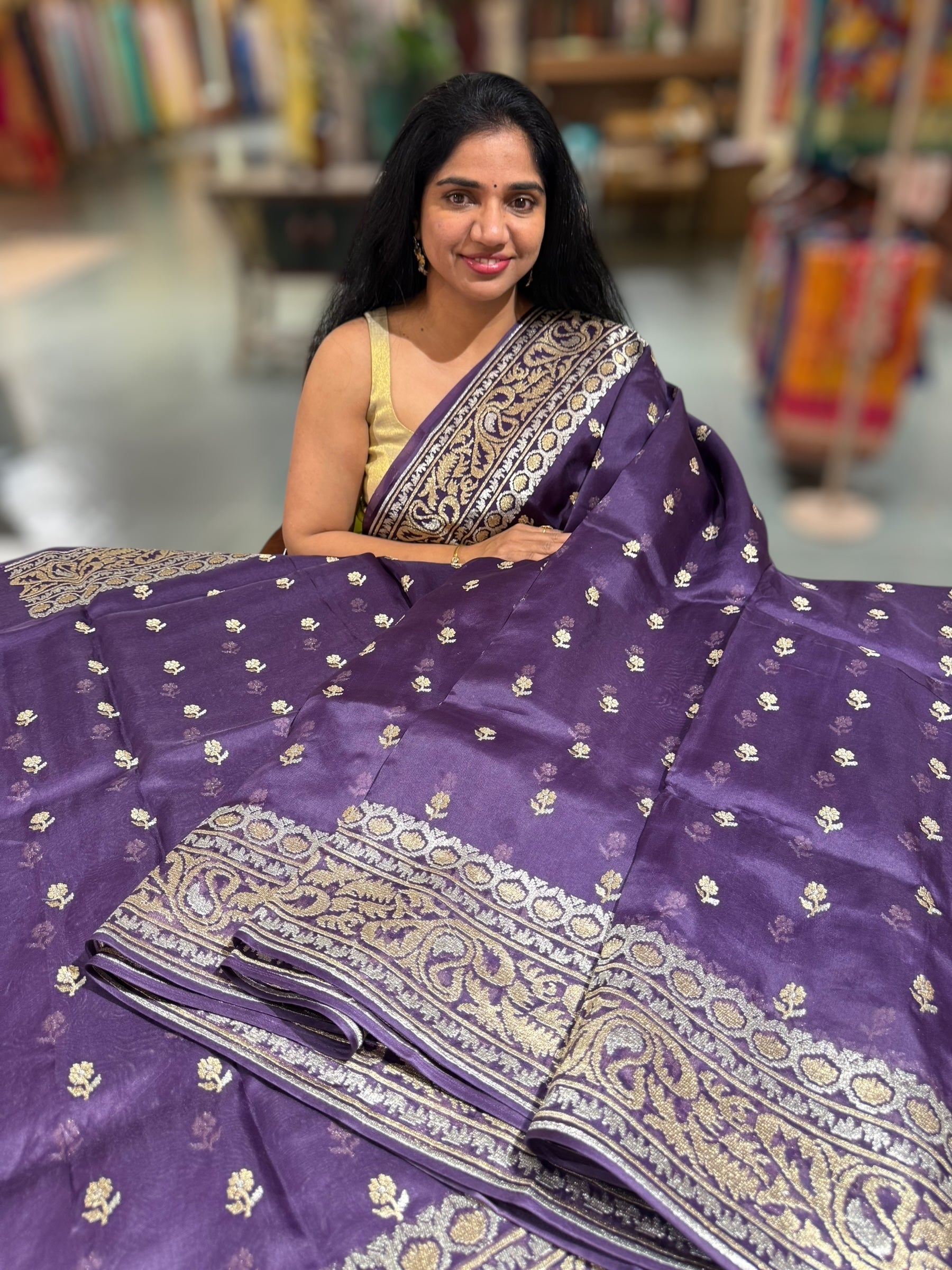 Brinjal Pure Organza Saree With Jamdani Inspired Embroidery