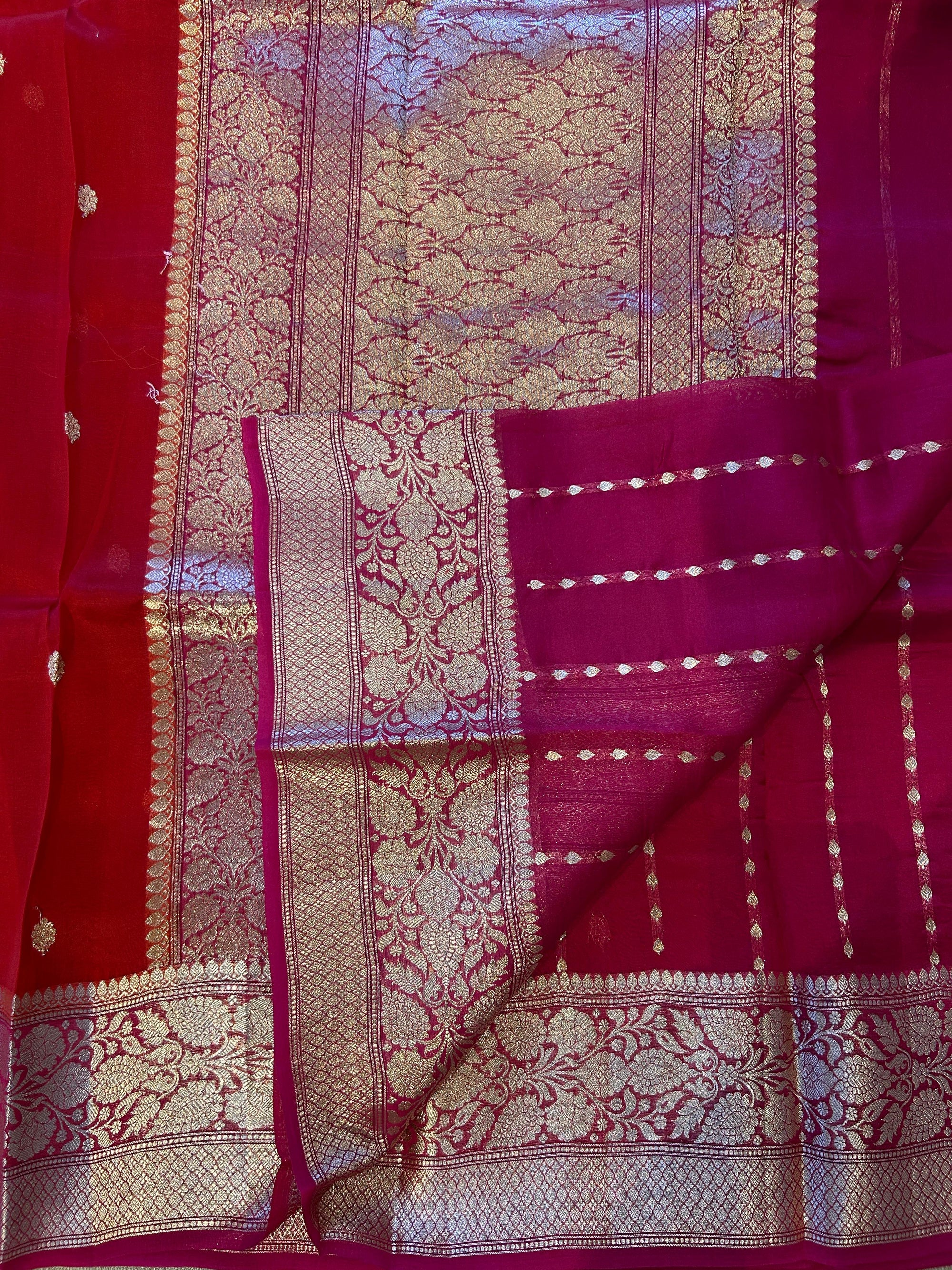 Red with pink Combo Pure Handloom premium Kora Banarasi Saree