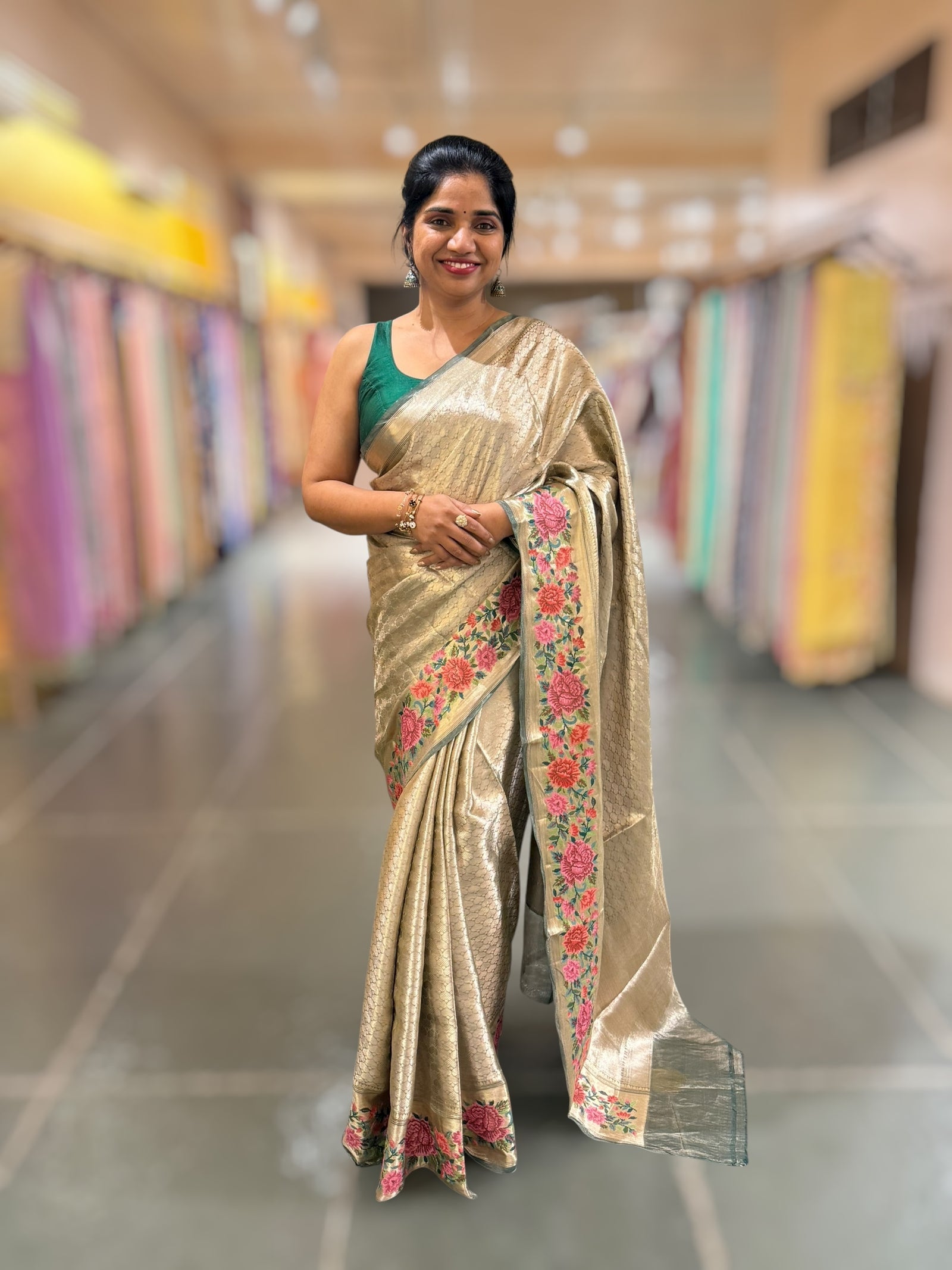 Bottle Green Base Banarasi Tissue Brocade Saree with Petite Point Embroidered Border