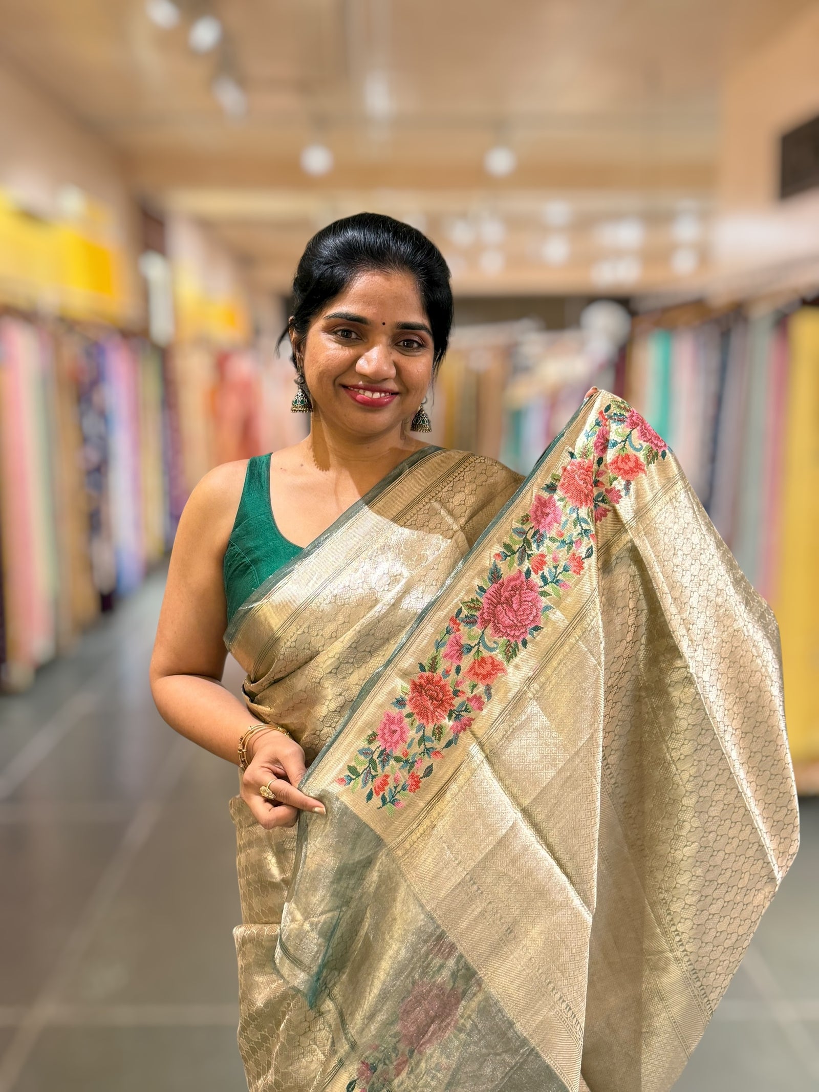 Bottle Green Base Banarasi Tissue Brocade Saree with Petite Point Embroidered Border