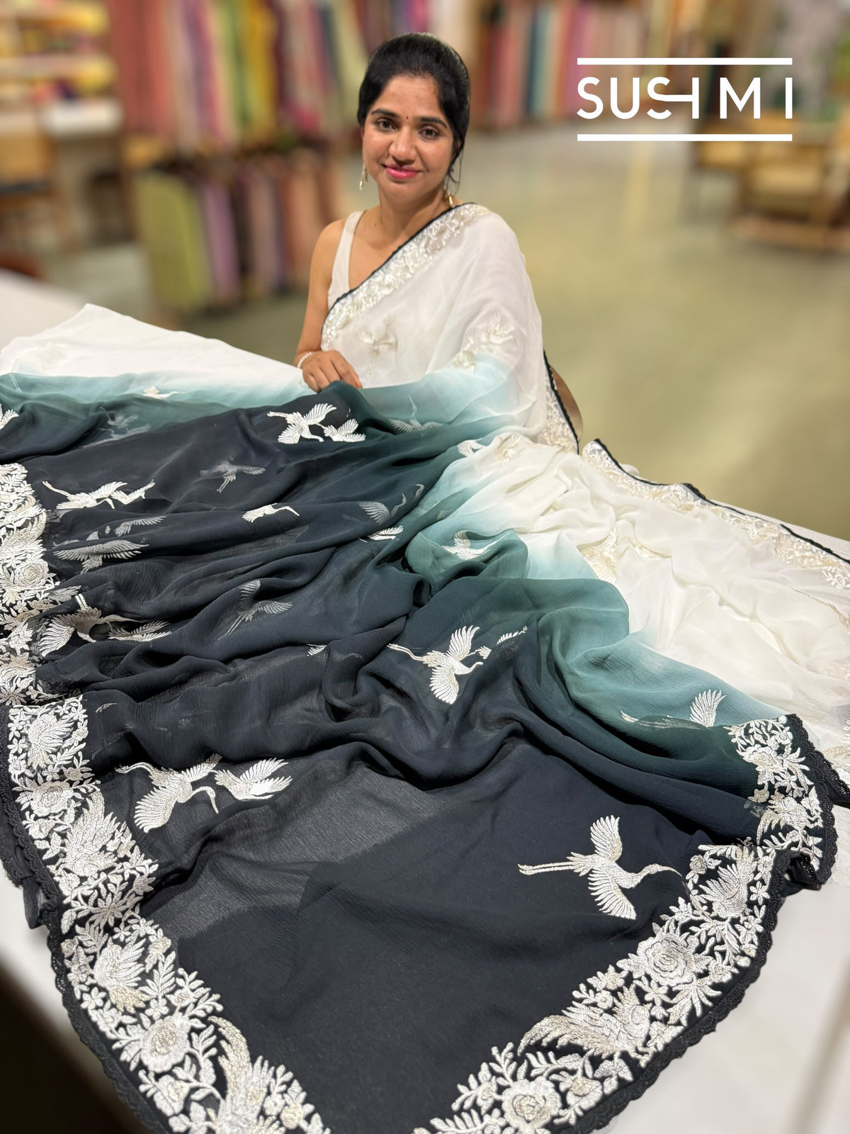 Black Ombre dyed chiffon saree with parsigara embroidery : S62F071