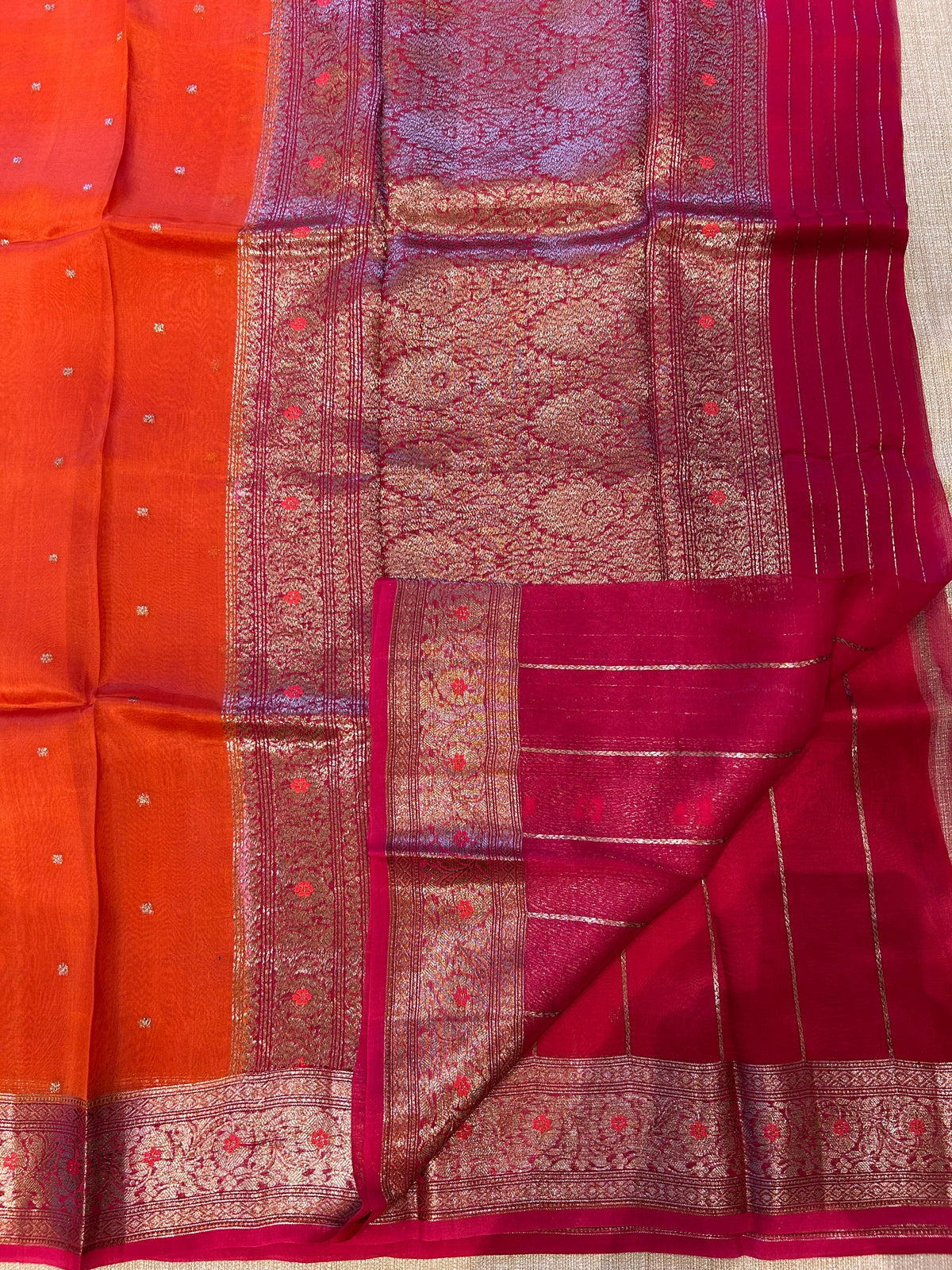 Reddish Orange and pink combo Pure Handloom premium Kora Banarasi Saree with meaanakati border