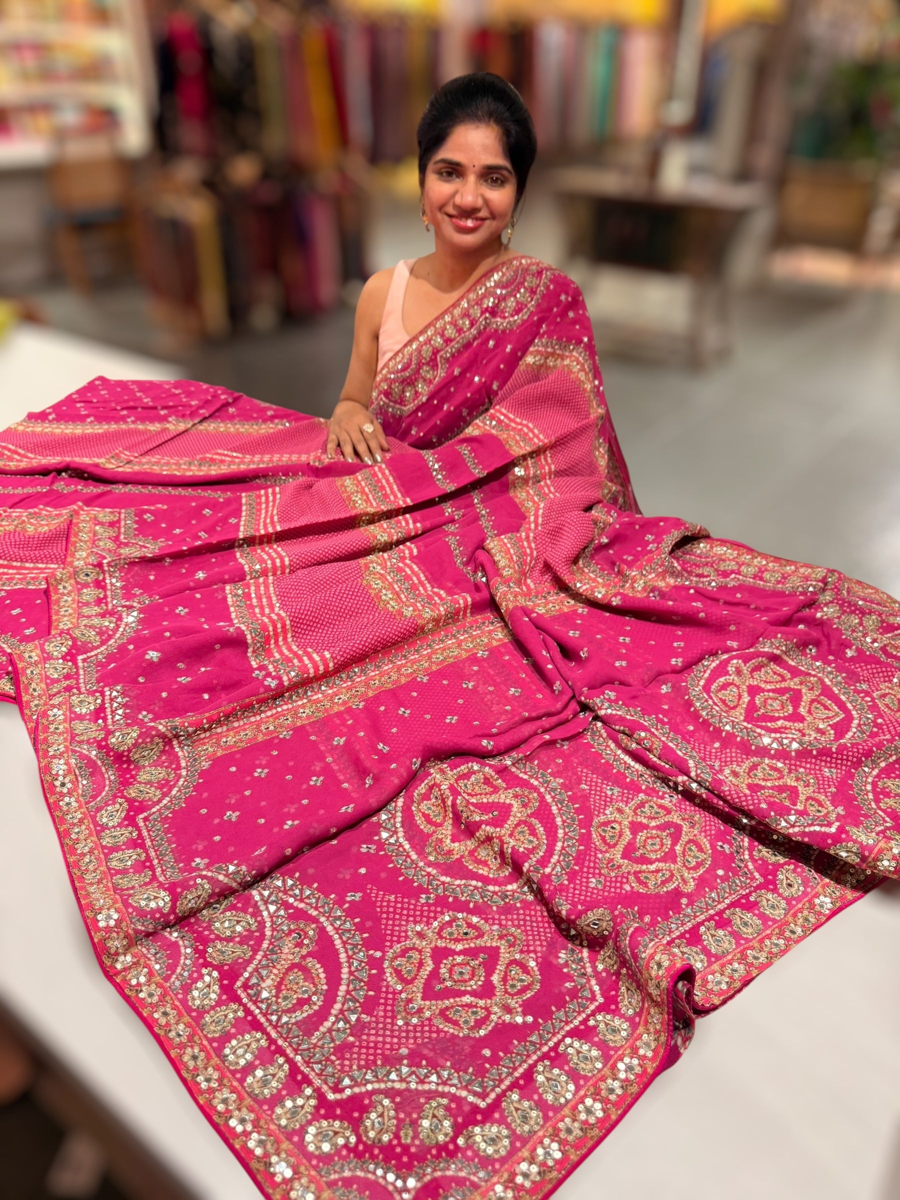Majenta Kareena Inspired Gorgette Saree with allover mirrors