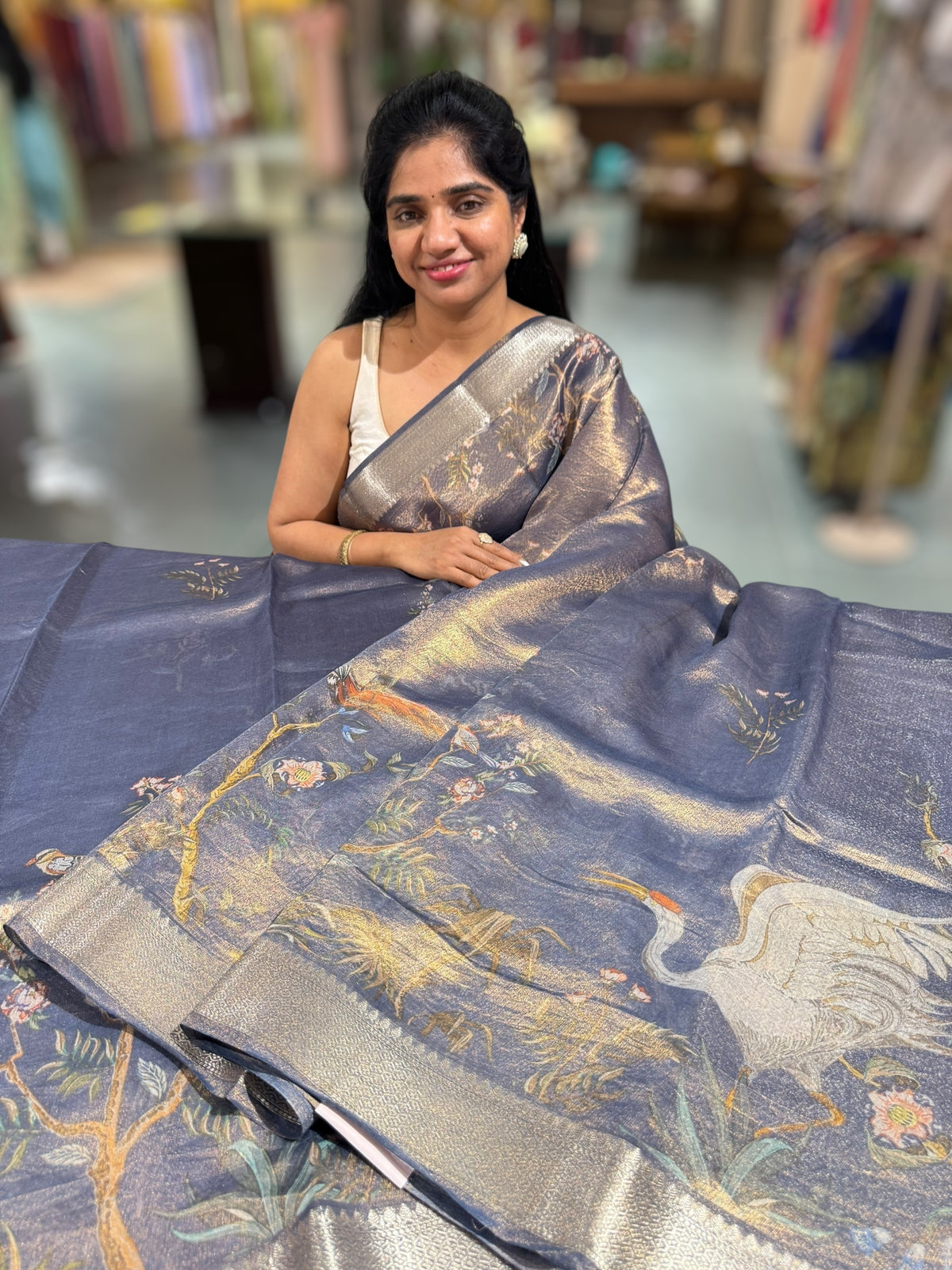 Midnight Blue Printed Banarasi Cotton Tissue