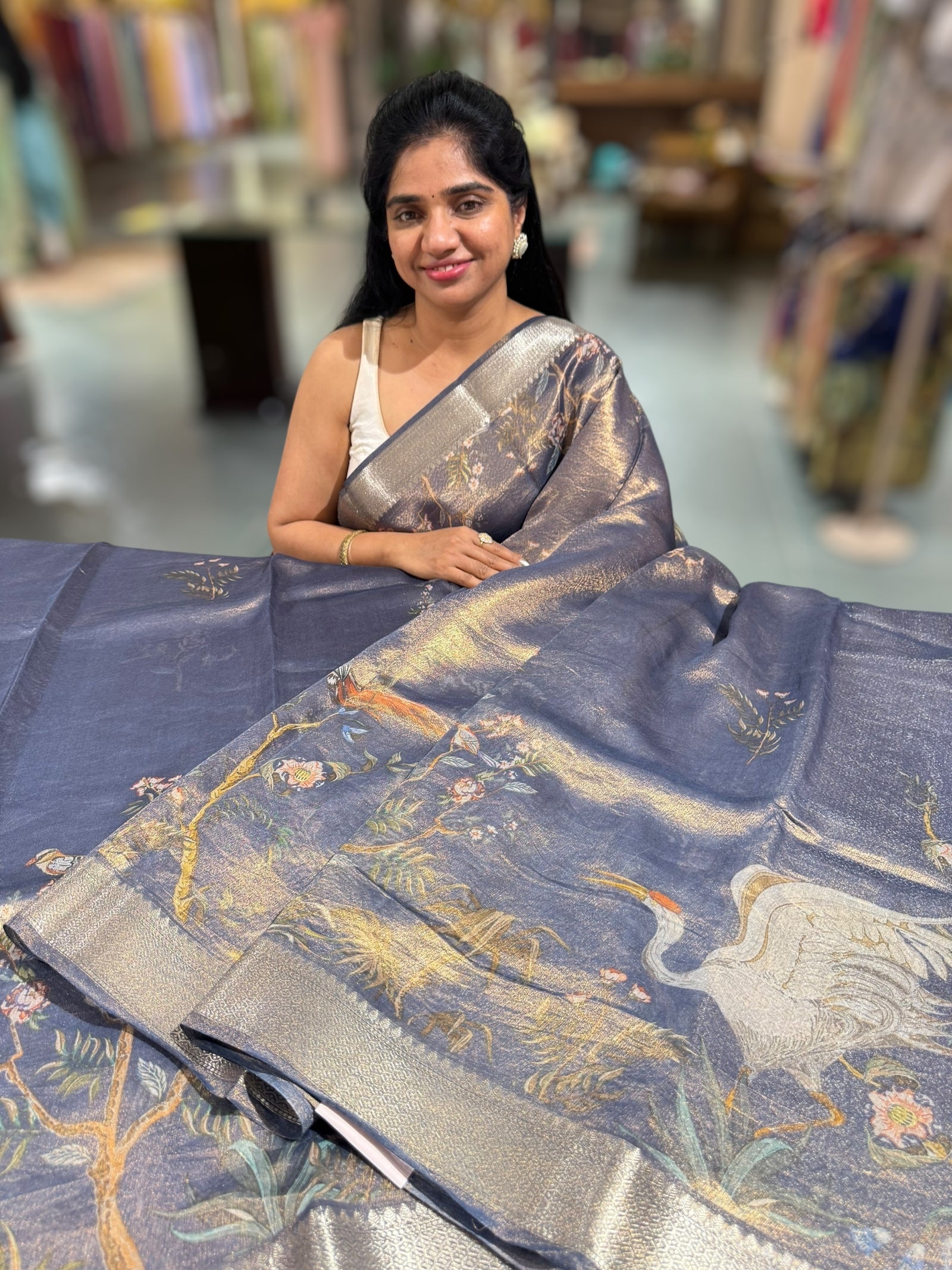 Midnight Blue Printed Banarasi Cotton Tissue