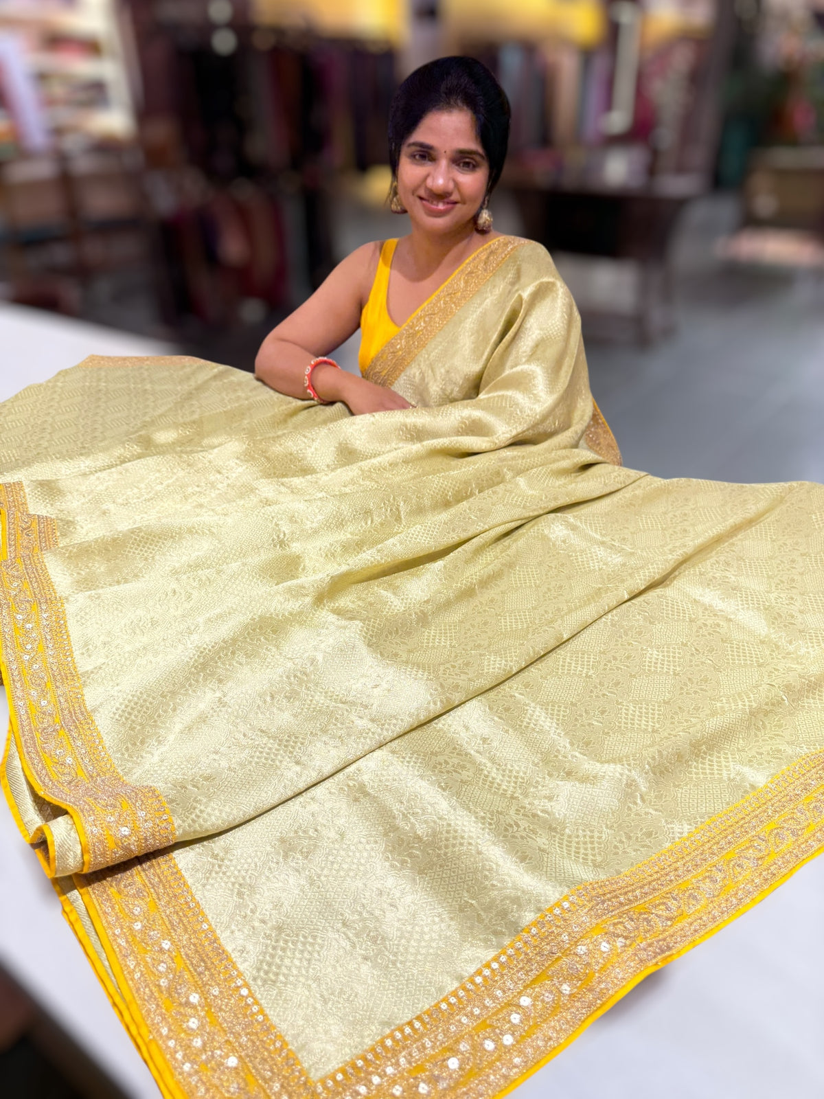 Mint & Yellow Combo Banarasi Tissue Brocade saree