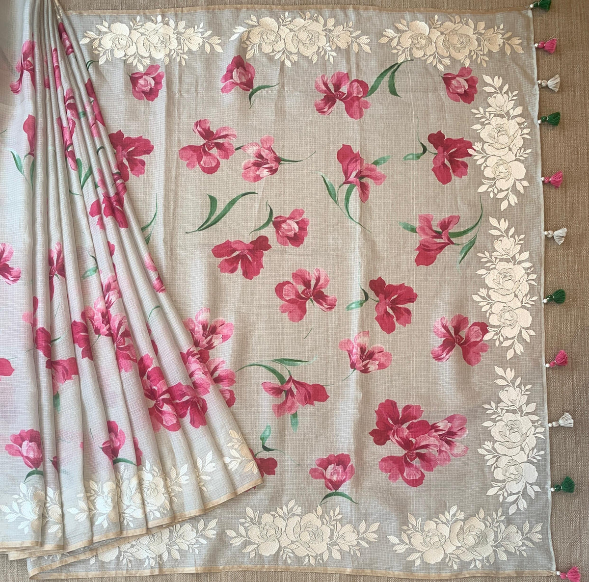 Dusty Grey Designer printed Silk kota saree with floral embroidered border