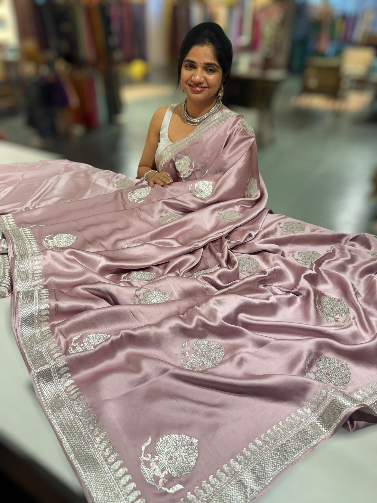 Dusty Pink Pure Satin Saree with Embroidery.
