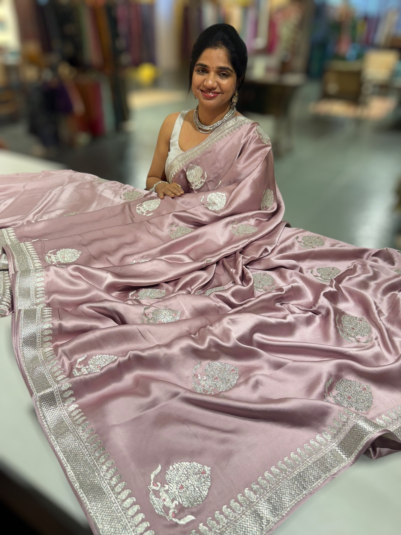 Dusty Pink Pure Satin Saree with Embroidery.