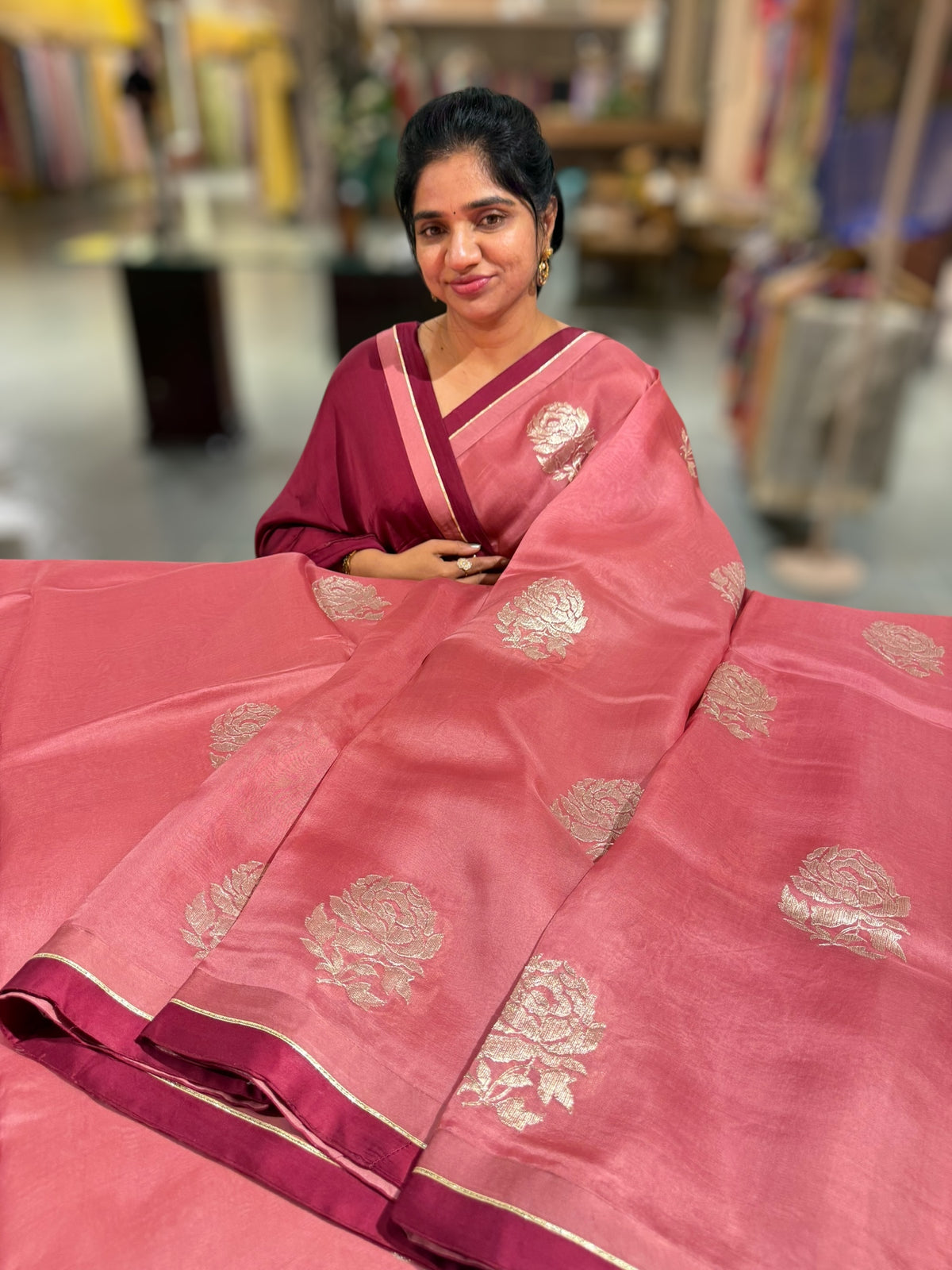 Onion Pink Pure Organza with embroidery