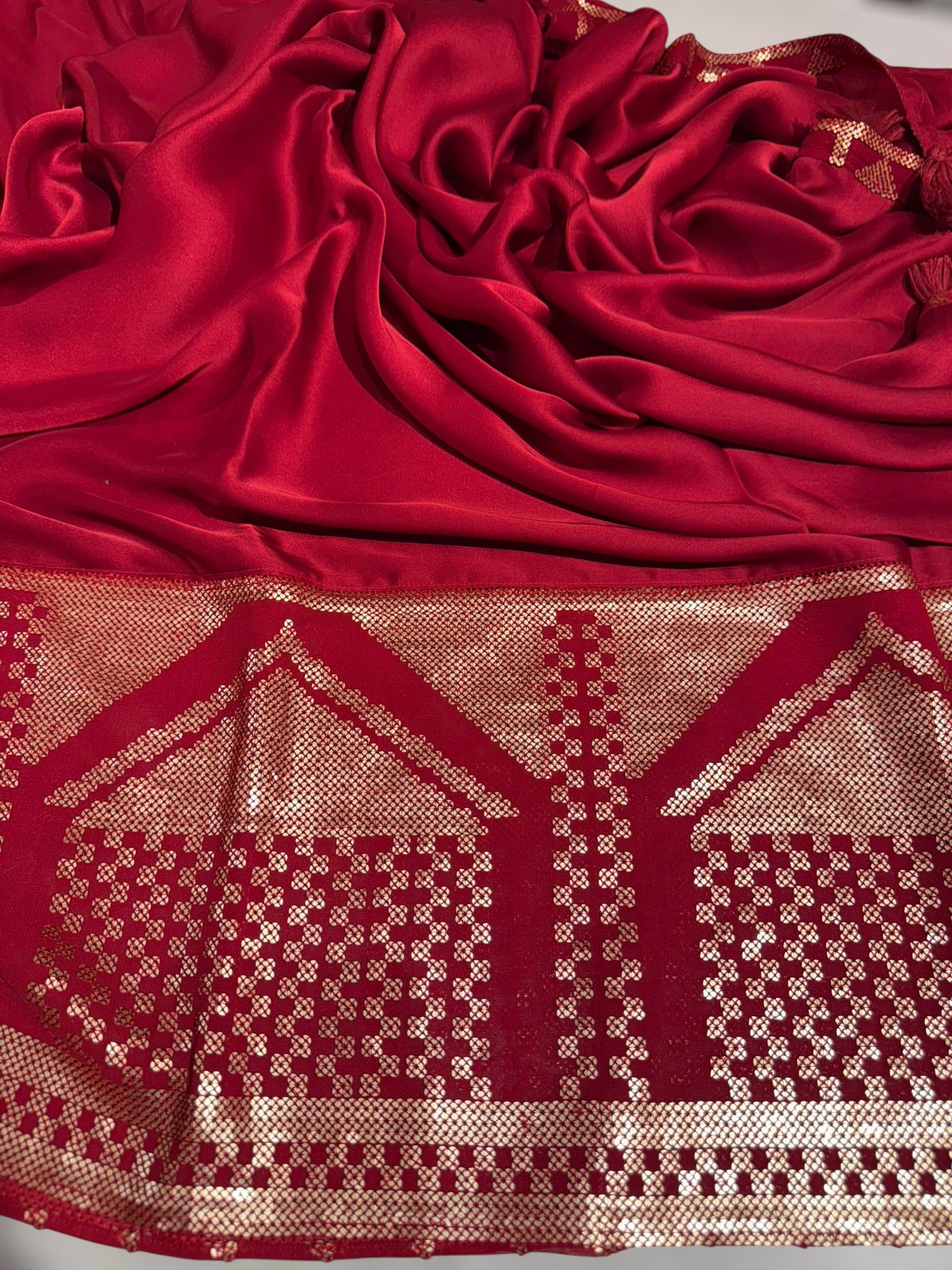 Red pure Satin Saree with designer sequence border and blouse