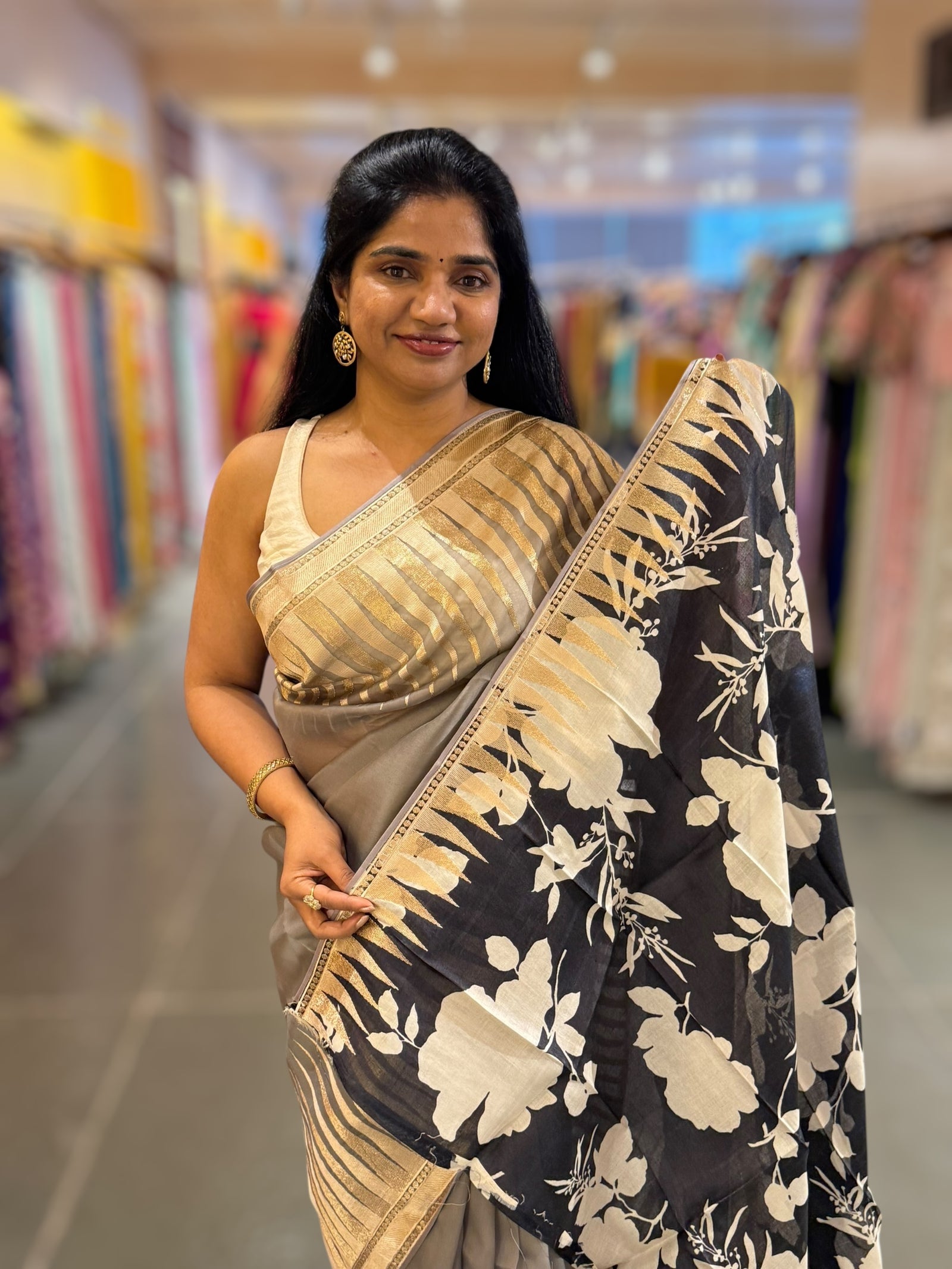 Grey Pure Organza With Temple Embroidered Border & Tussar Printed Blouse