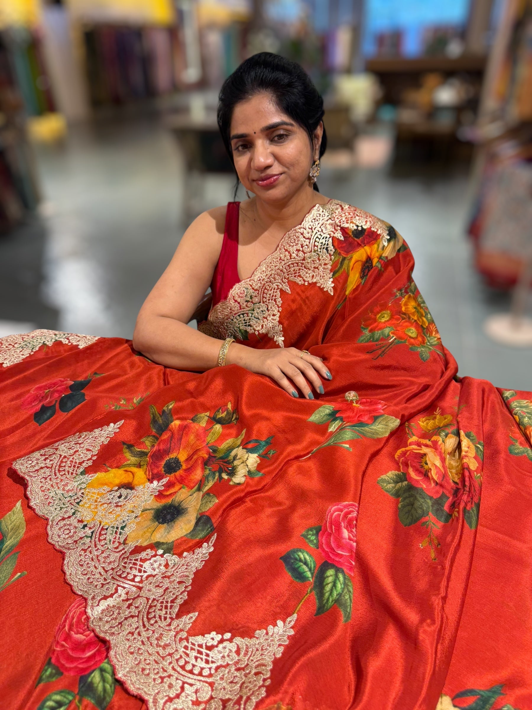 Red Crepe Printed Saree with Chanitlly Lace style Embroidery