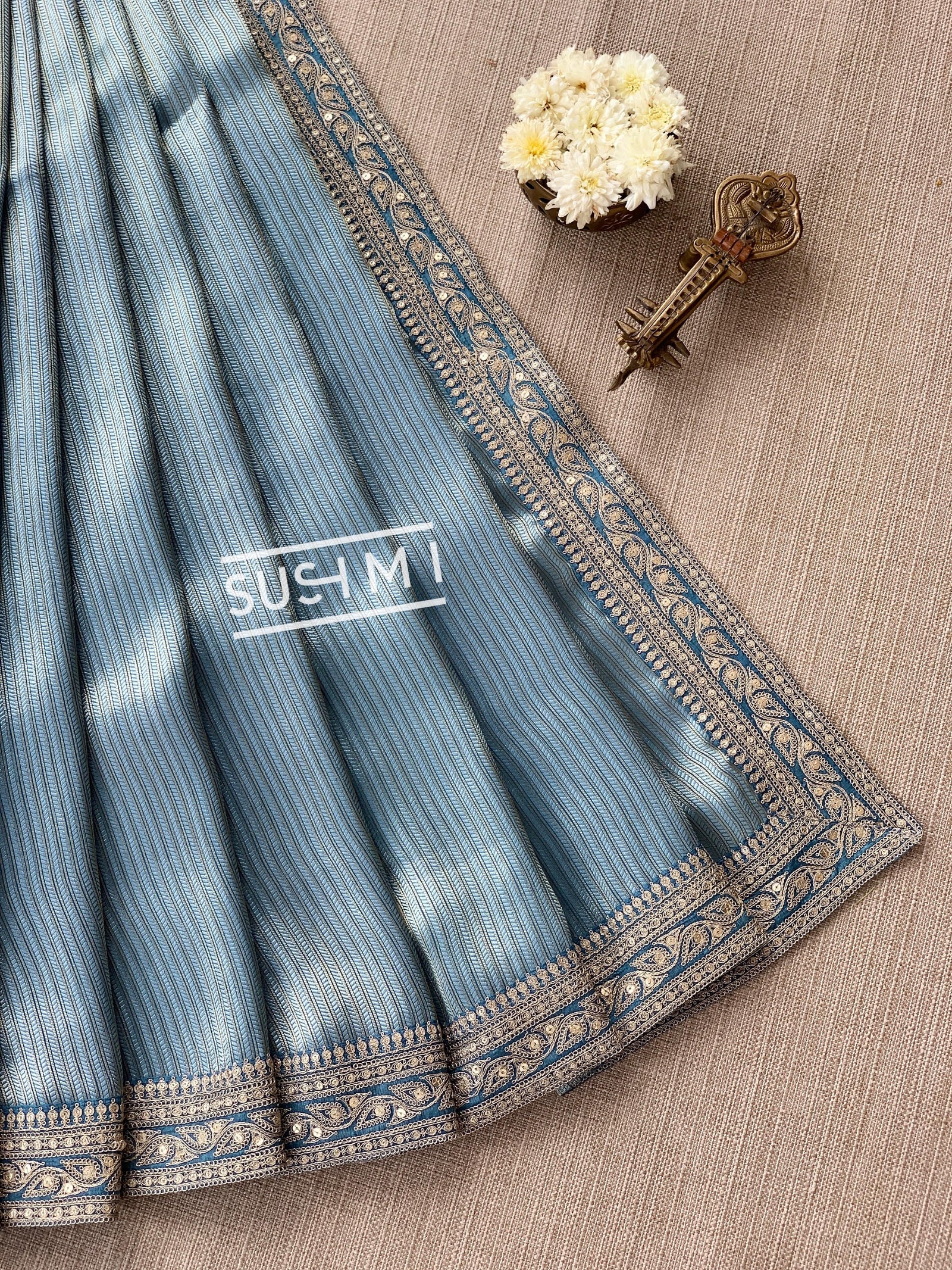 Dusty Blue  Banarasi tonchoi with pen kalamkari Blouse : D62F026