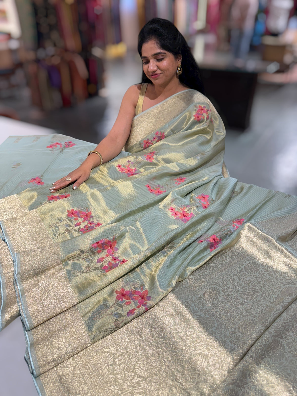 Mint Blue Fancy Banarasi tissue tonchoi weaving saree with embroidery