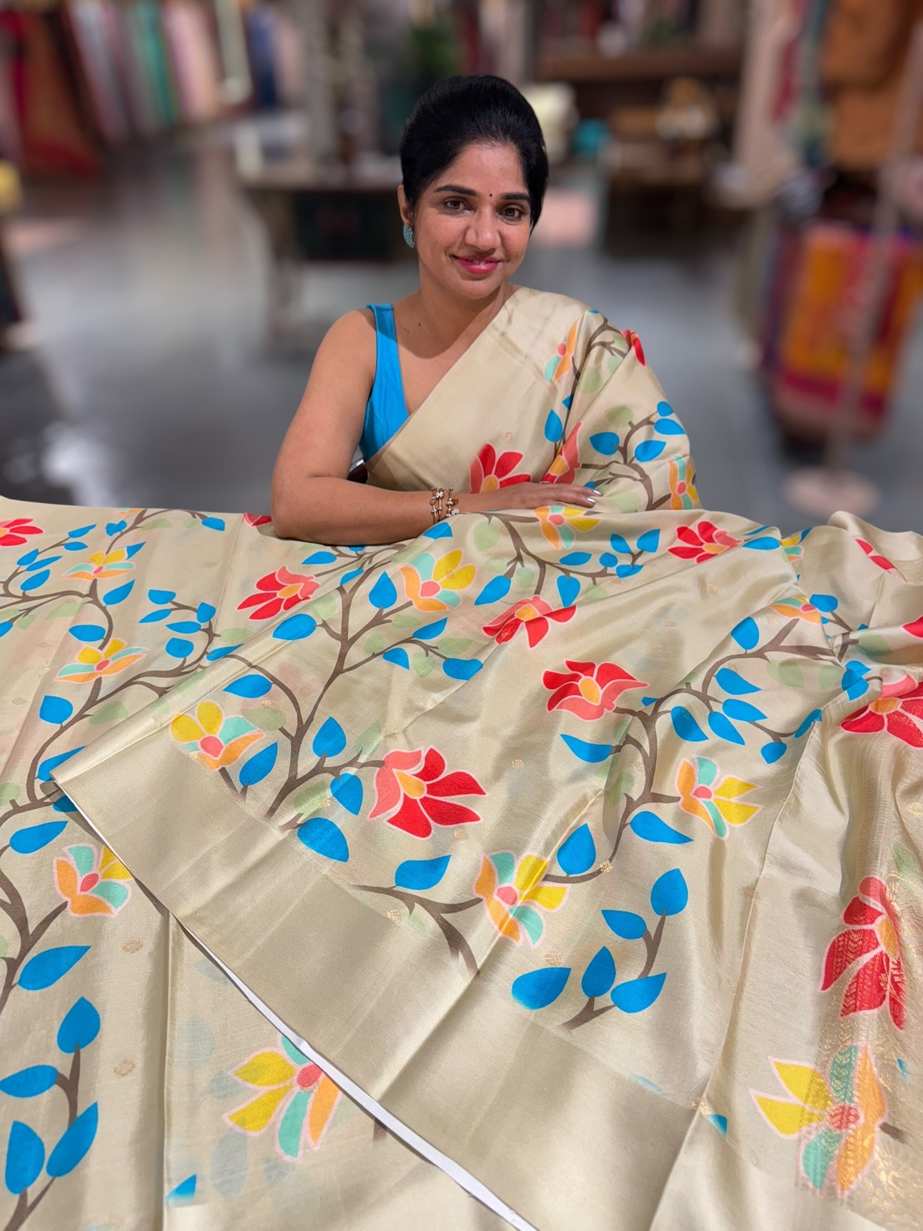Light Pista Kanchi Soft Silk Saree with ajamdani inspired print