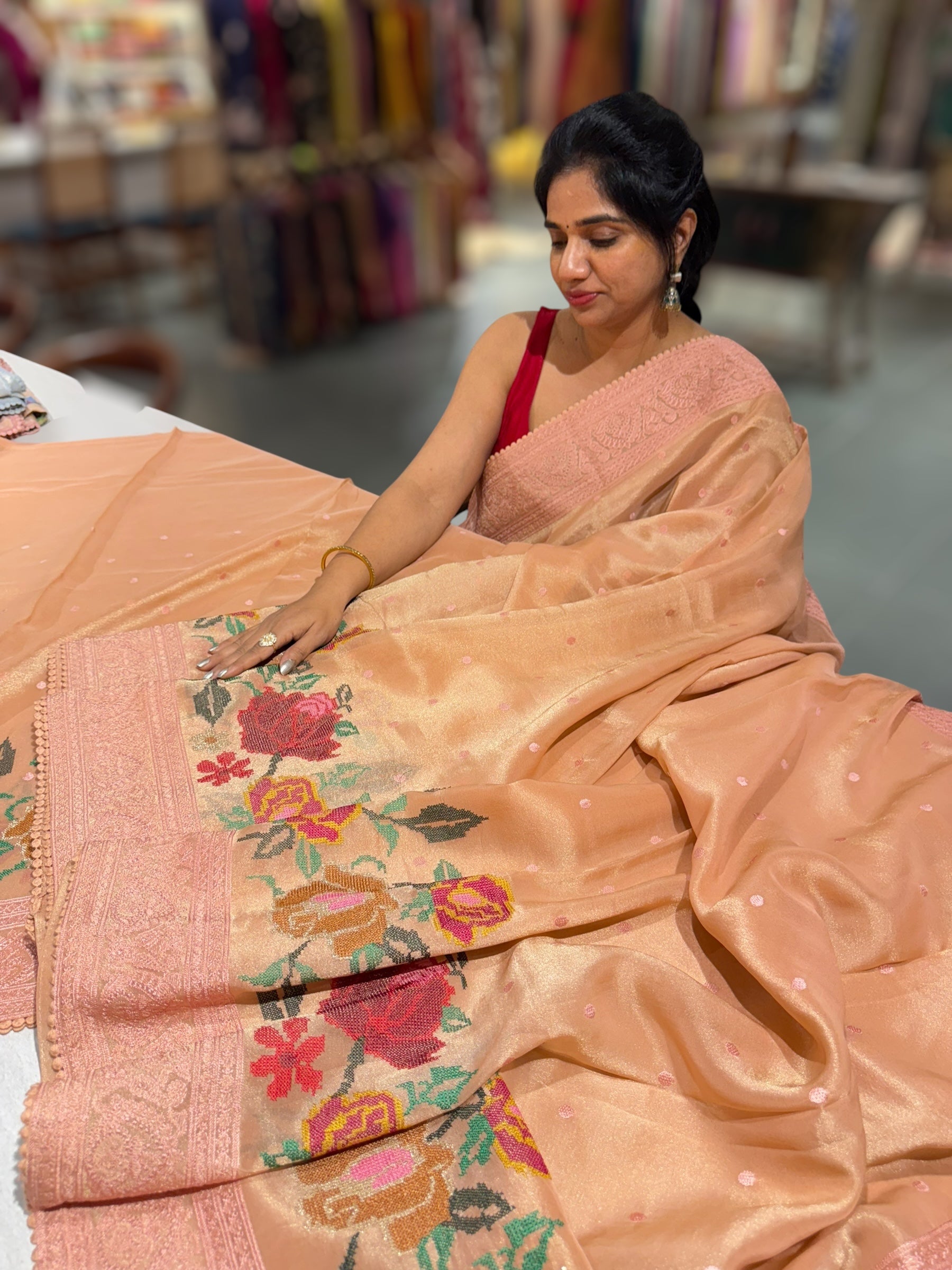 Dhaara : Peach Tissue Gorgette Saree