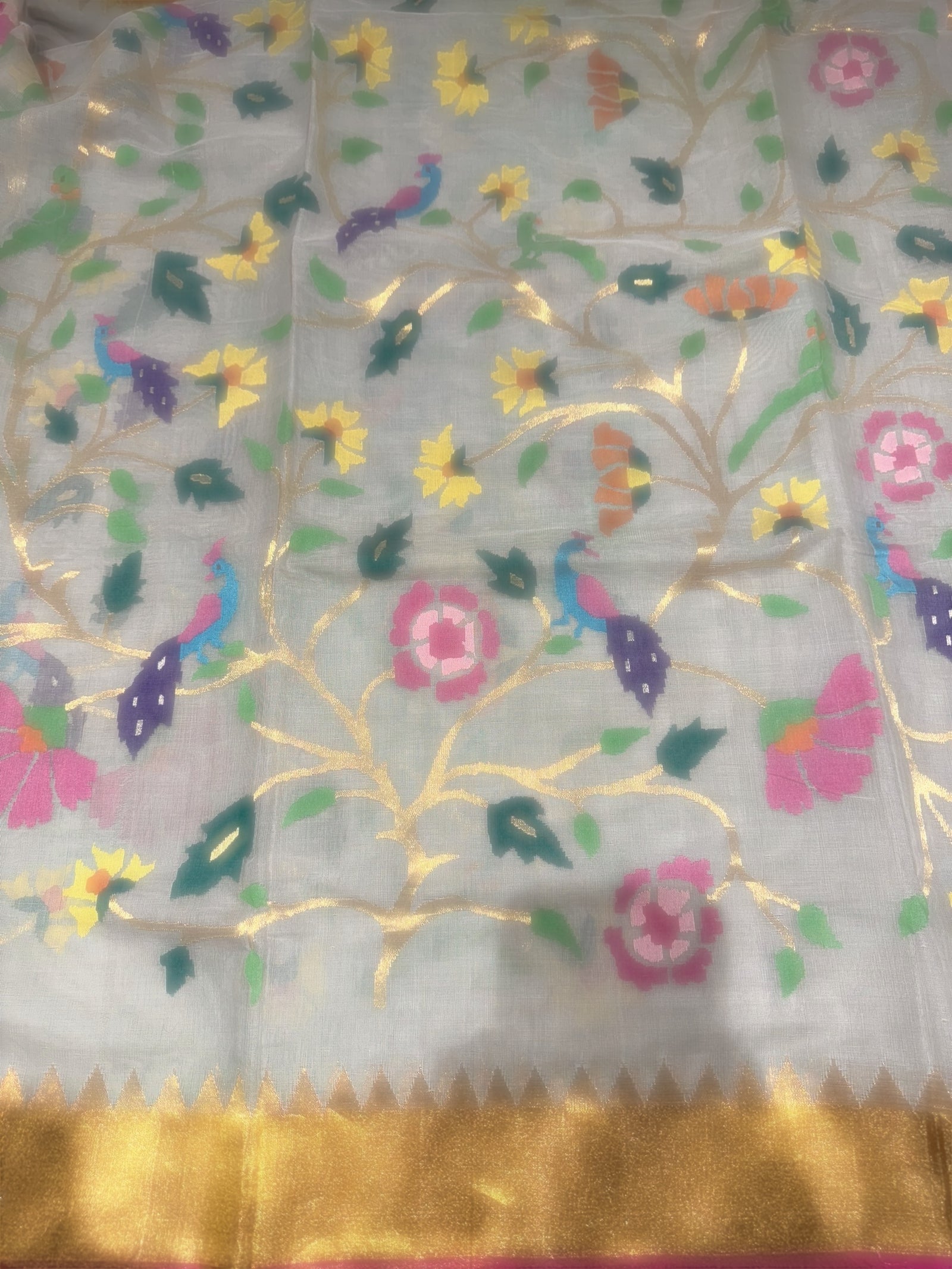 Ponduru Khadi Jamdani Allover multi Meenakari Weaving Saree With Premium 60/60 Count