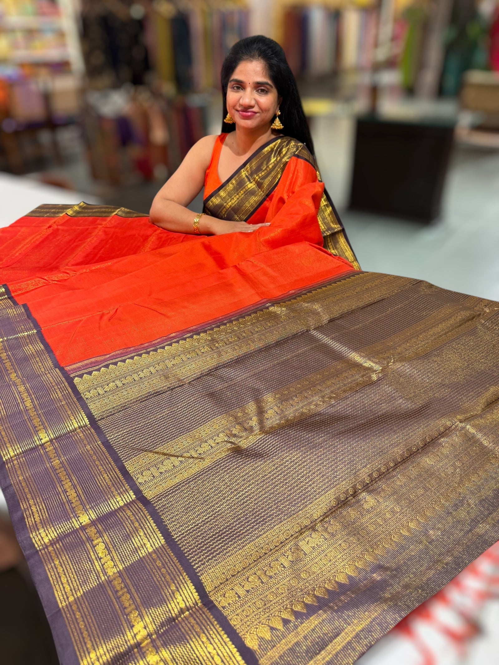 Orange & Dark Brown Combo Vaira Oosi Stripes Vintage Kanjeevaram Saree