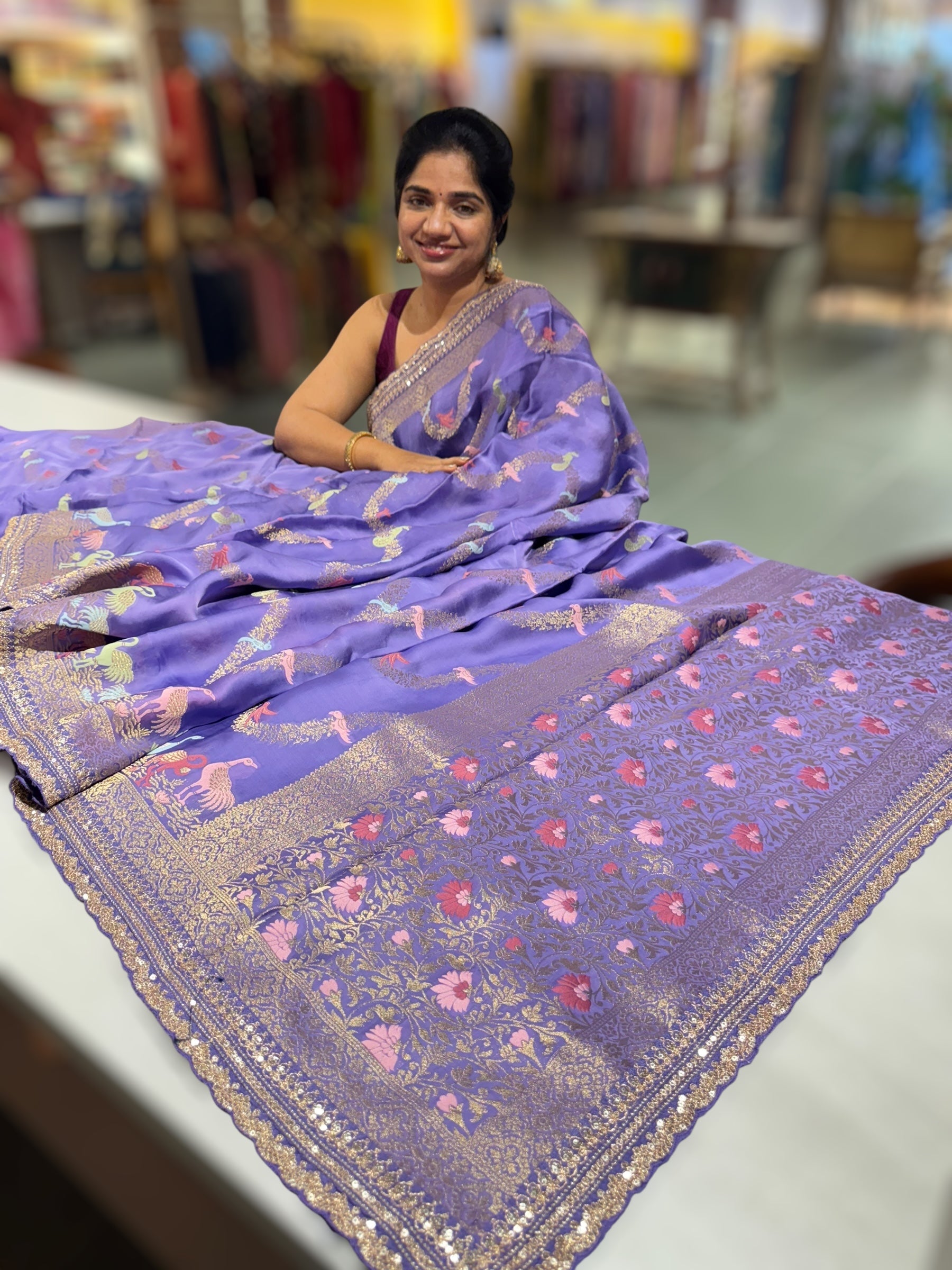 Lavender Mashru Silk Saree with allover weaving and Sahbysachi borders and Blouse